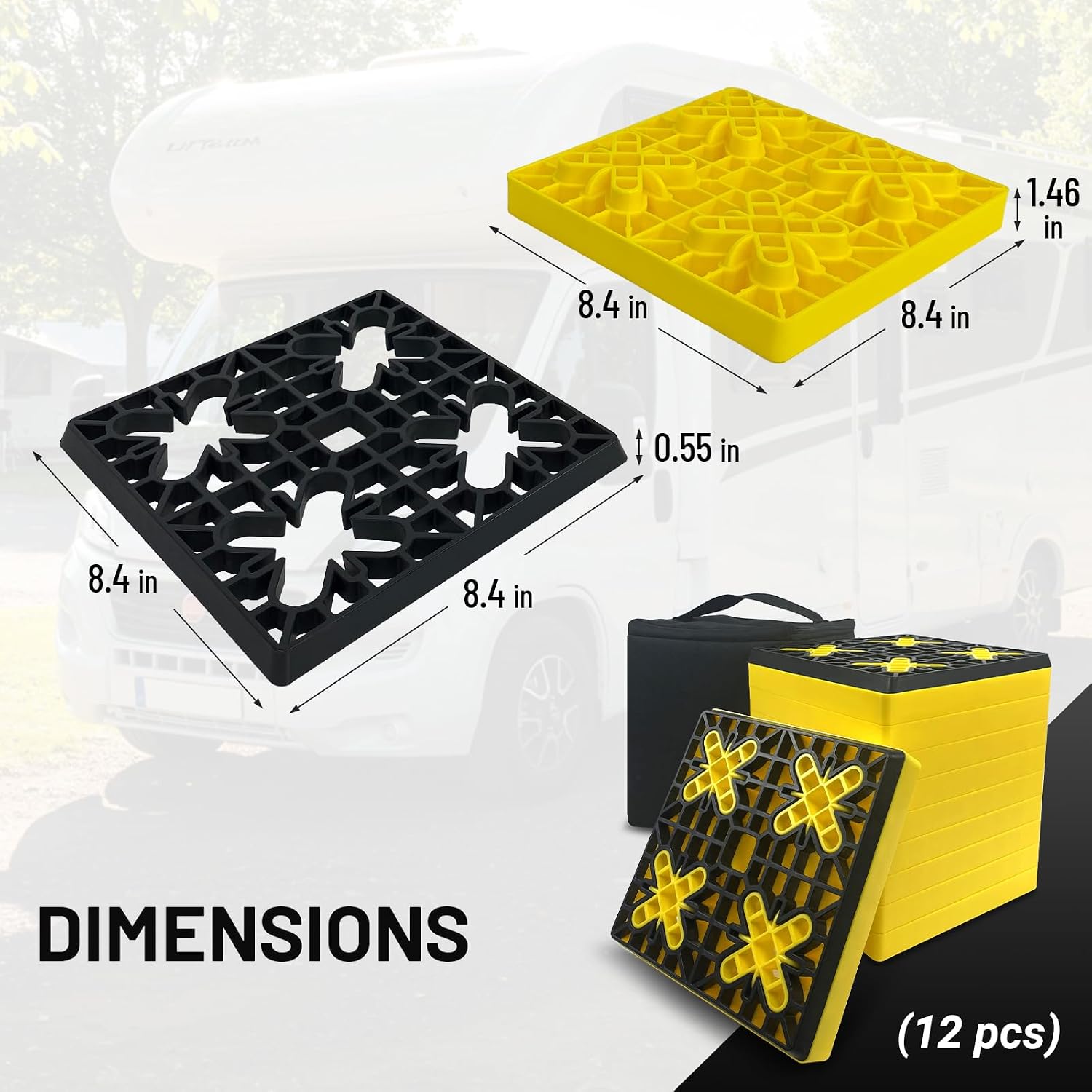 Rv Leveling Blocks 12 Pack (2 Rubber Top), Camper Leveling Blocks Sturdy Stackable Jack Blocks with Carrying Bag