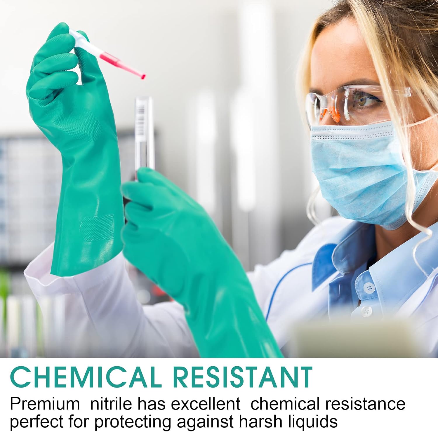 20 Pairs Chemical Resistant Gloves 15 Mil Nitrile Gloves,Large | Reusable Green Rubber Gloves for Cleaning, Resist