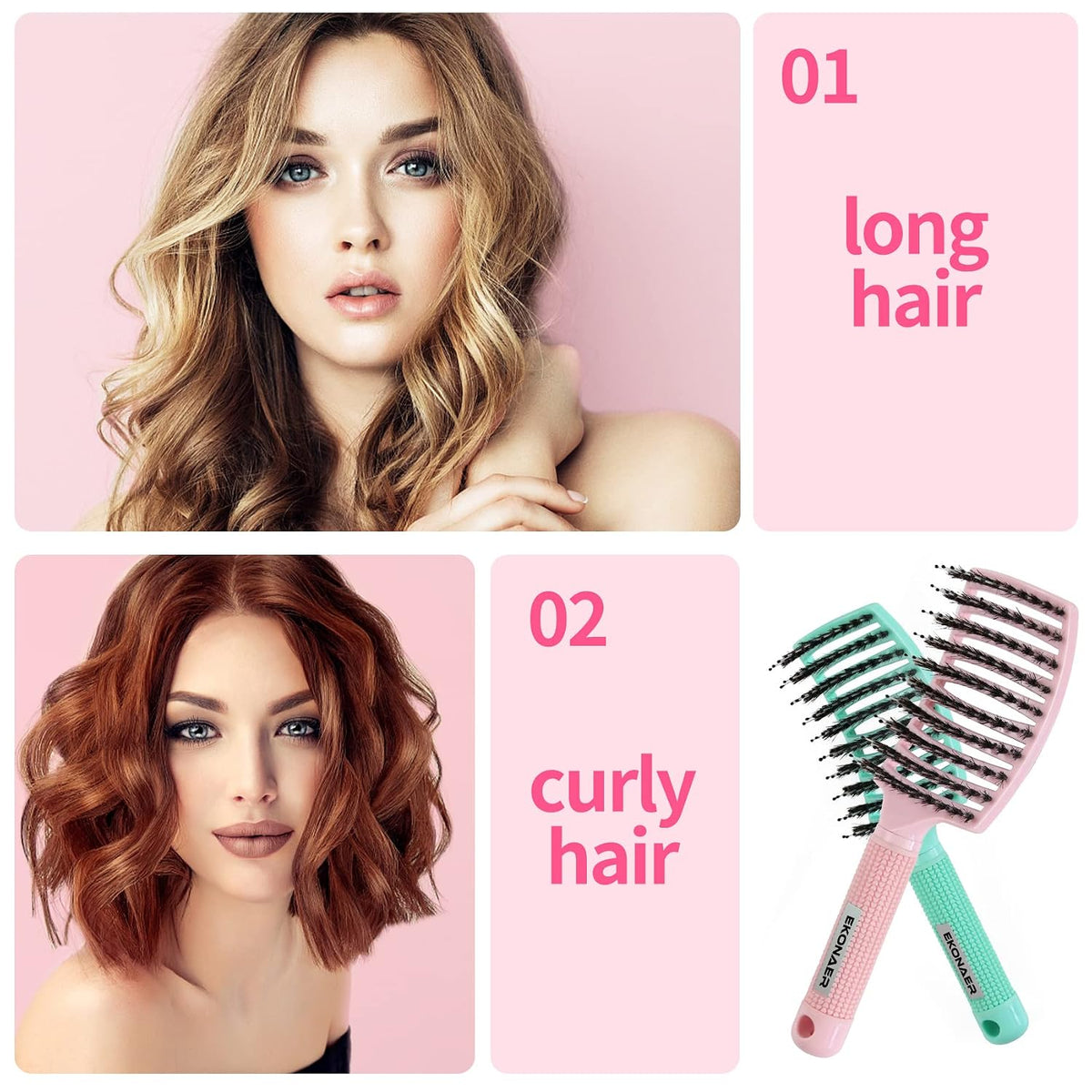 3 Pack Vented Quick Drying Massage Blow Detangler Brush,Boar Bristle Hair Brush Set-Curved,Detangling Hair Brush for