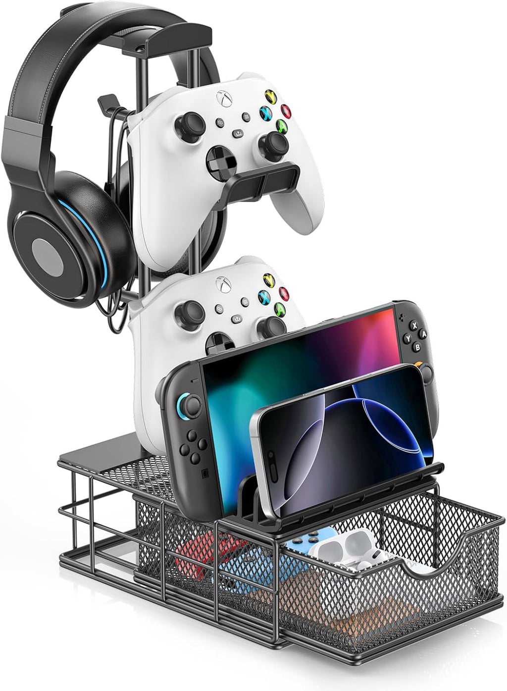 Headphone Stand with Drawer - Headset & Controller Holder for Desk - Aluminum Supporting Bar Earphone Stand with