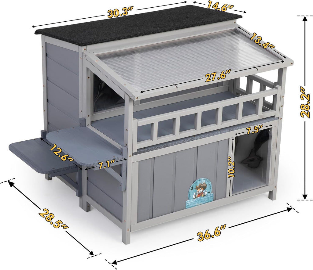 2-Story Insulated Outdoor Cat House with Balcony Weatherproof Summer Cool Cat Shelter with 0.2-inch Insulation Layer