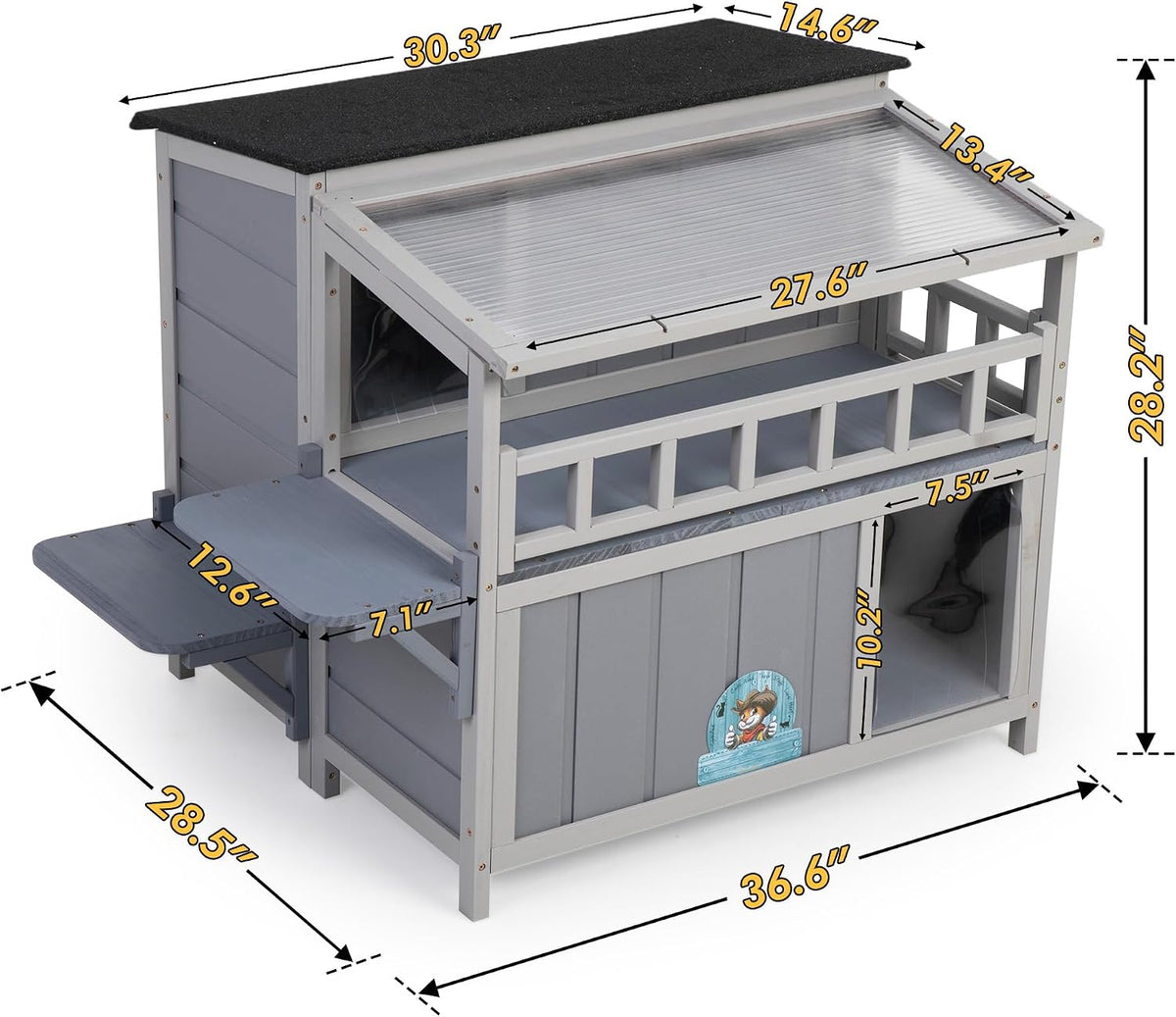 2-Story Insulated Outdoor Cat House with Balcony Weatherproof Summer Cool Cat Shelter with 0.2-inch Insulation Layer