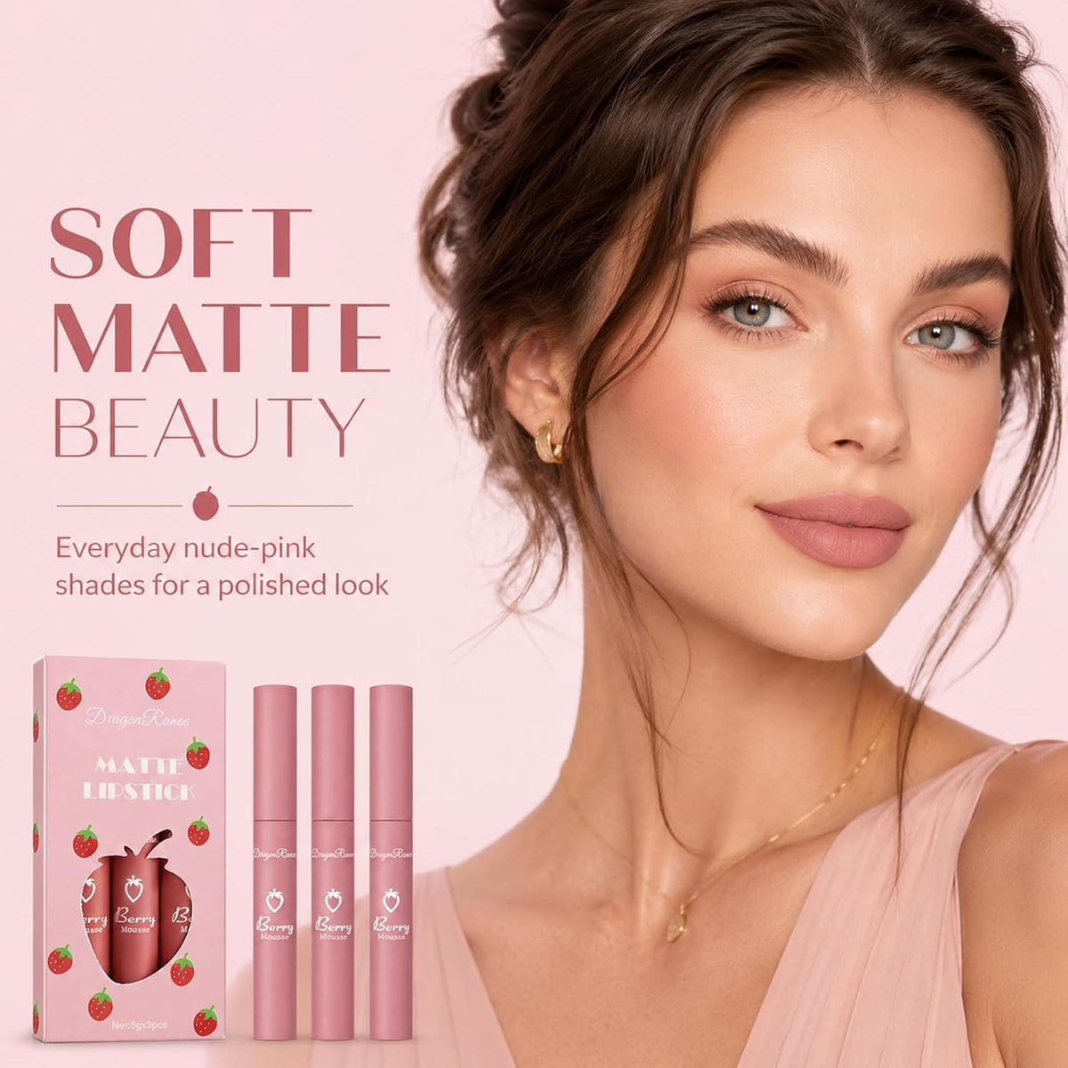 3 Pcs Matte Lipstick for Women, Rose Red Nude Liquid Lipstick Makeup