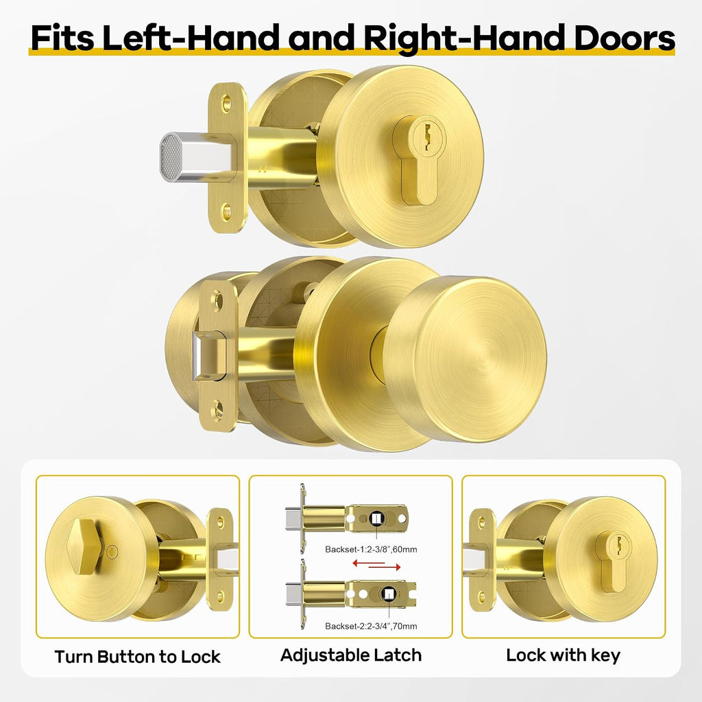 Gold Door Knob with Deadbolt Lock, Satin Brass Front Door Handle with Deadbolt Lock Set, Round Deadbolt and Exterior
