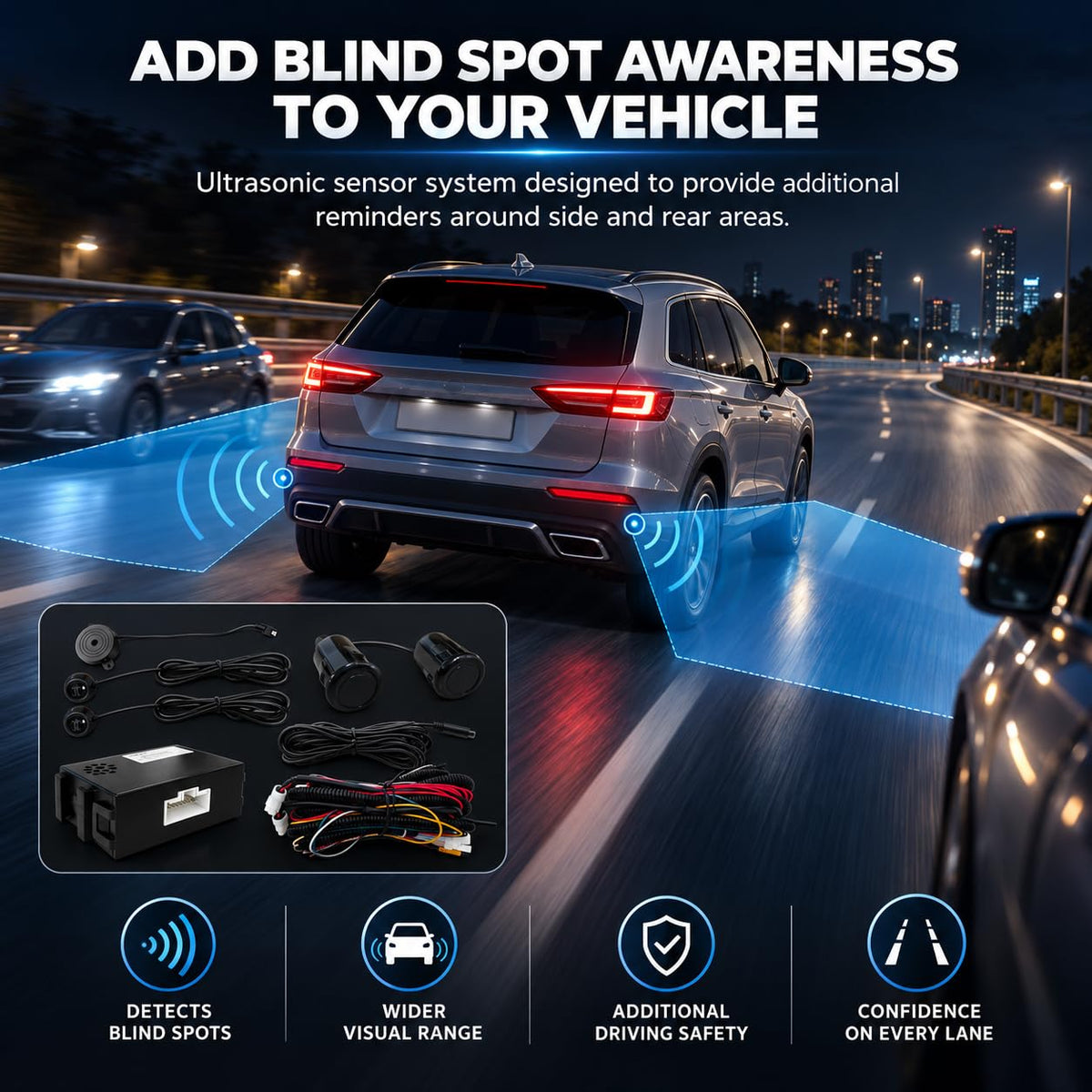Riloer Blind Spot Sensor Ultrasonic Detection System with LED Alert Black