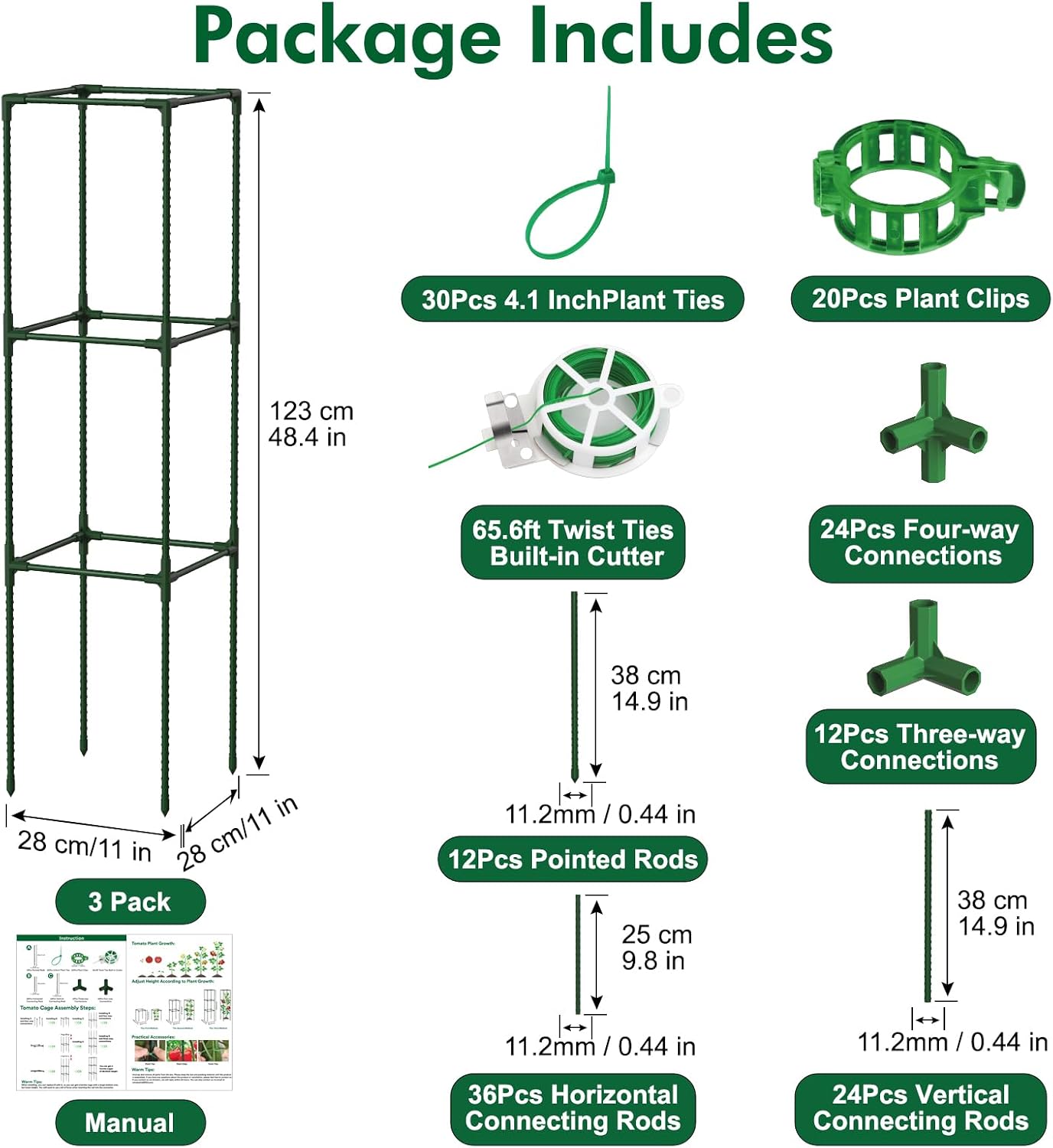 3 Pack 48" Tomato Cages for Garden, Plastic Coated Steel Pipe Heavy Duty Adjustable Tomato Stakes Trellis Plant Cages