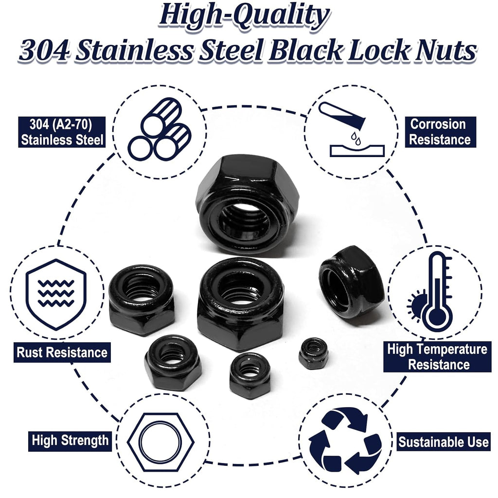 180Pcs Metric Stainless Nylon Lock Nuts Assortment Kit;Black M3-M12 Locknut