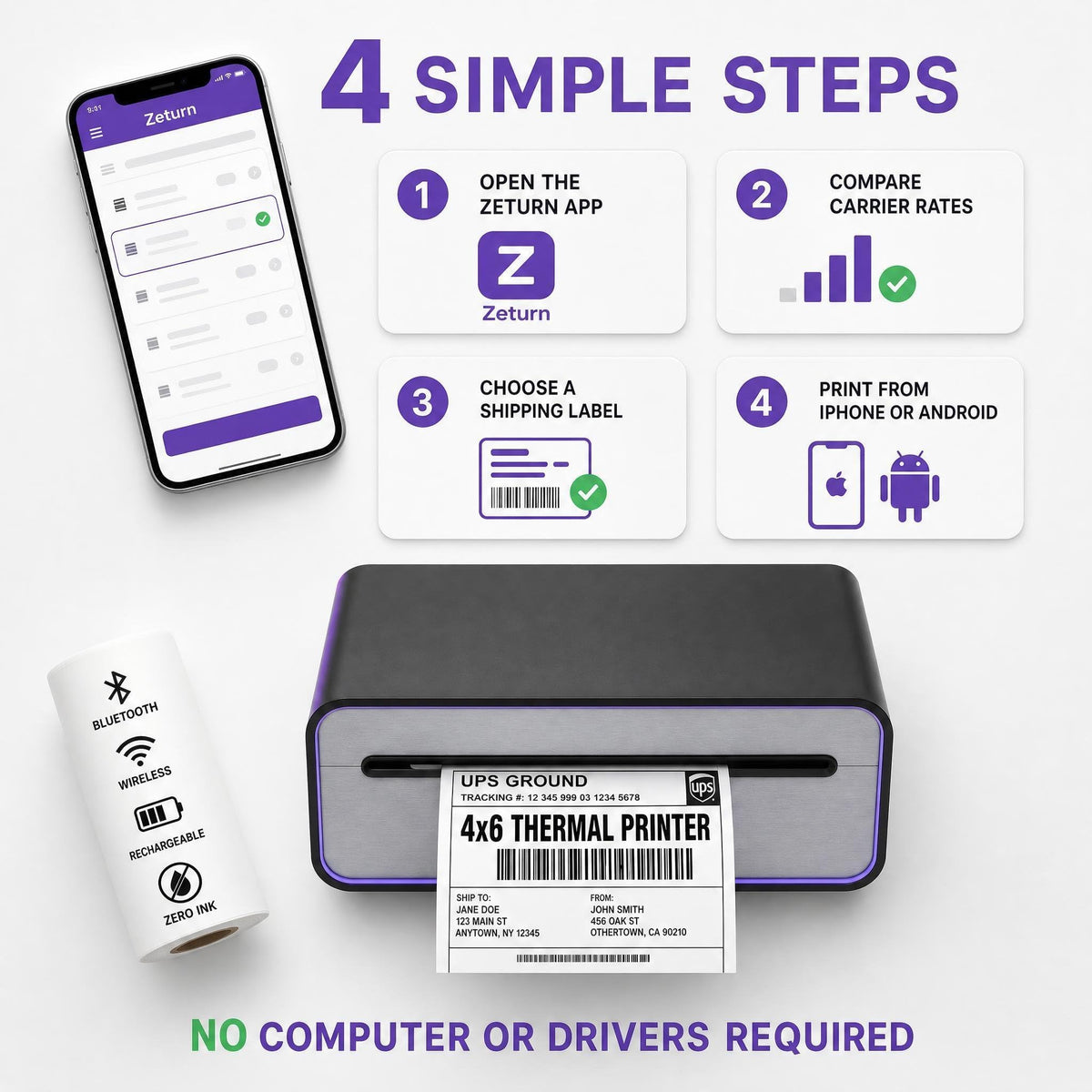 4x6 Thermal Label Printer - Bluetooth, Wireless, 2 Extra Label Rolls