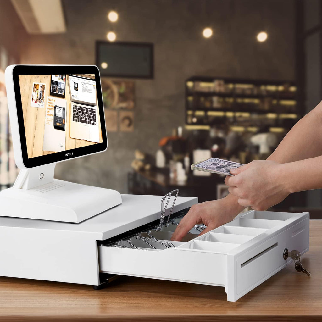 White Cash Register Drawer 16" White 5 Bill 5 Coin RJ11 RJ12 | Wide drawer with removable coin tray and 2 key-lock