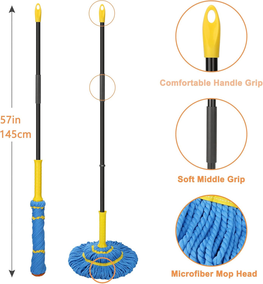 Self-Wringing Twist Mops with 1 Extra Refill, Microfiber Mops for Floor Cleaning with 57 " Long Handle, Easy Wringing