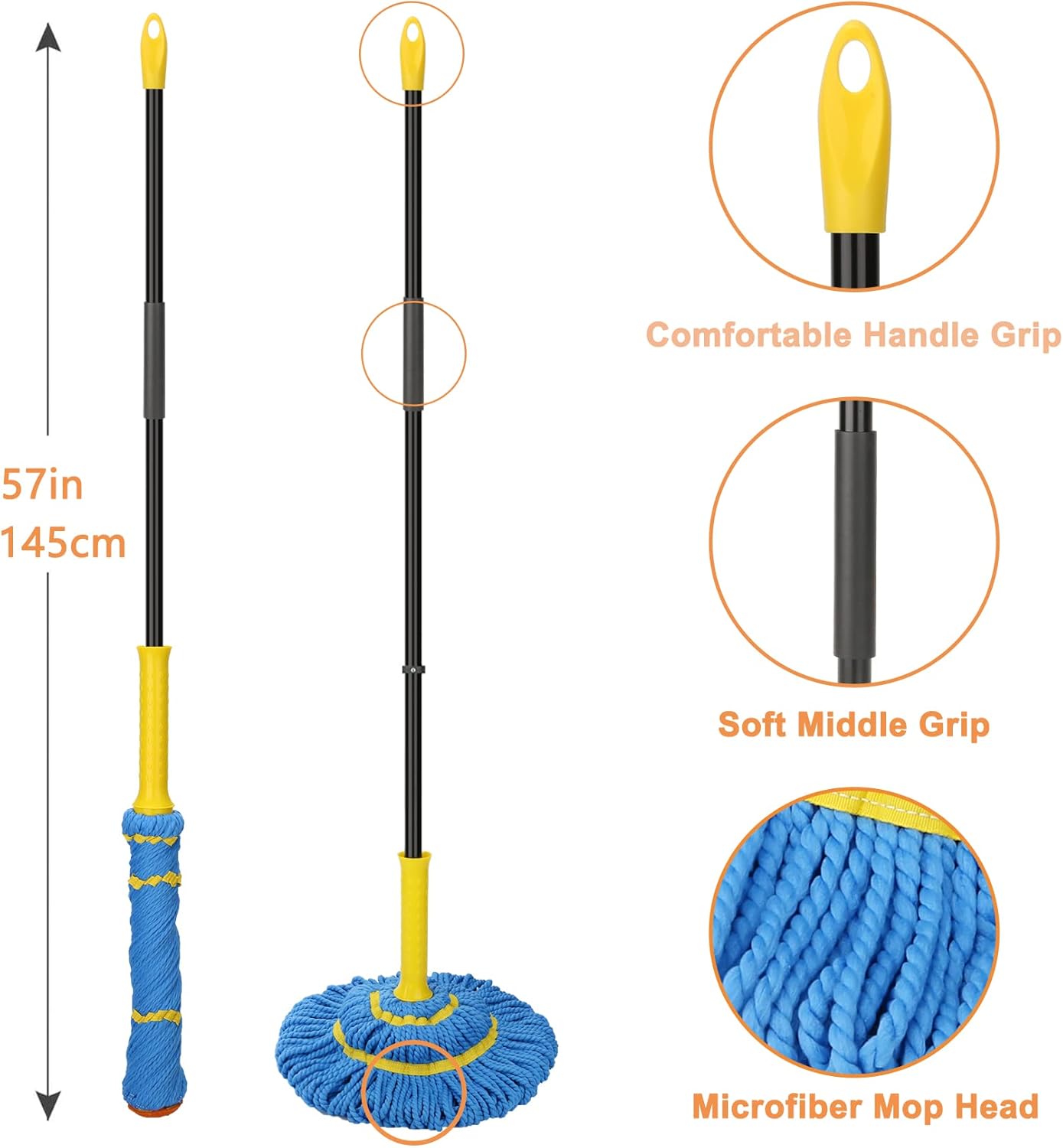 Self-Wringing Twist Mops with 1 Extra Refill, Microfiber Mops for Floor Cleaning with 57 " Long Handle, Easy Wringing