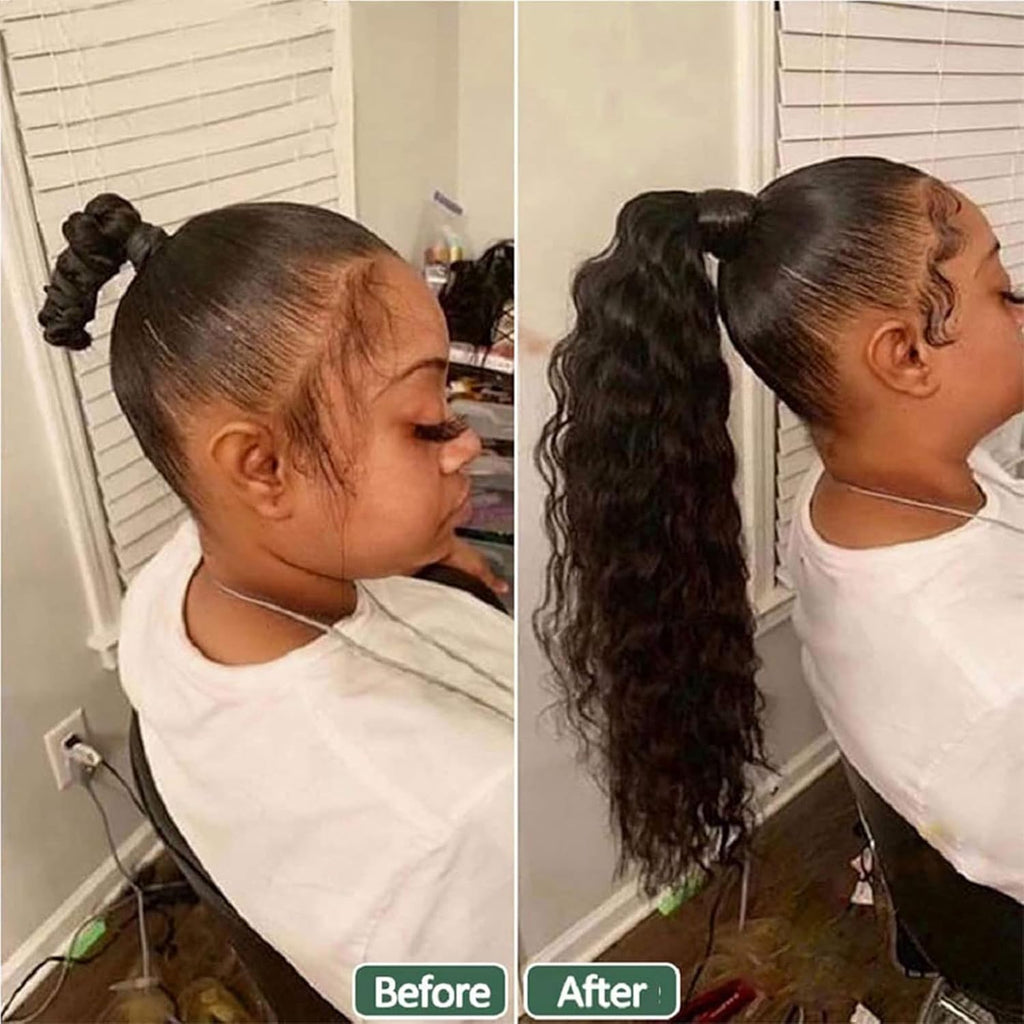 100% Human Hair Drawstring Ponytail Extension Water Wave in Natural Color 1B Corn Wave Ponytail Clip in Extensions