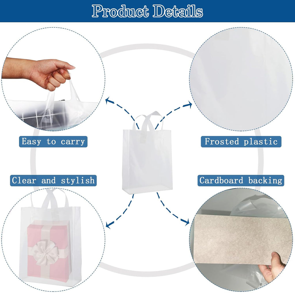 Plastic Bags with Handles - 110 Pack Clear Frosted Gift Bags with Cardboard Bottom, 25LB Thickened Boutique Bags Bulk