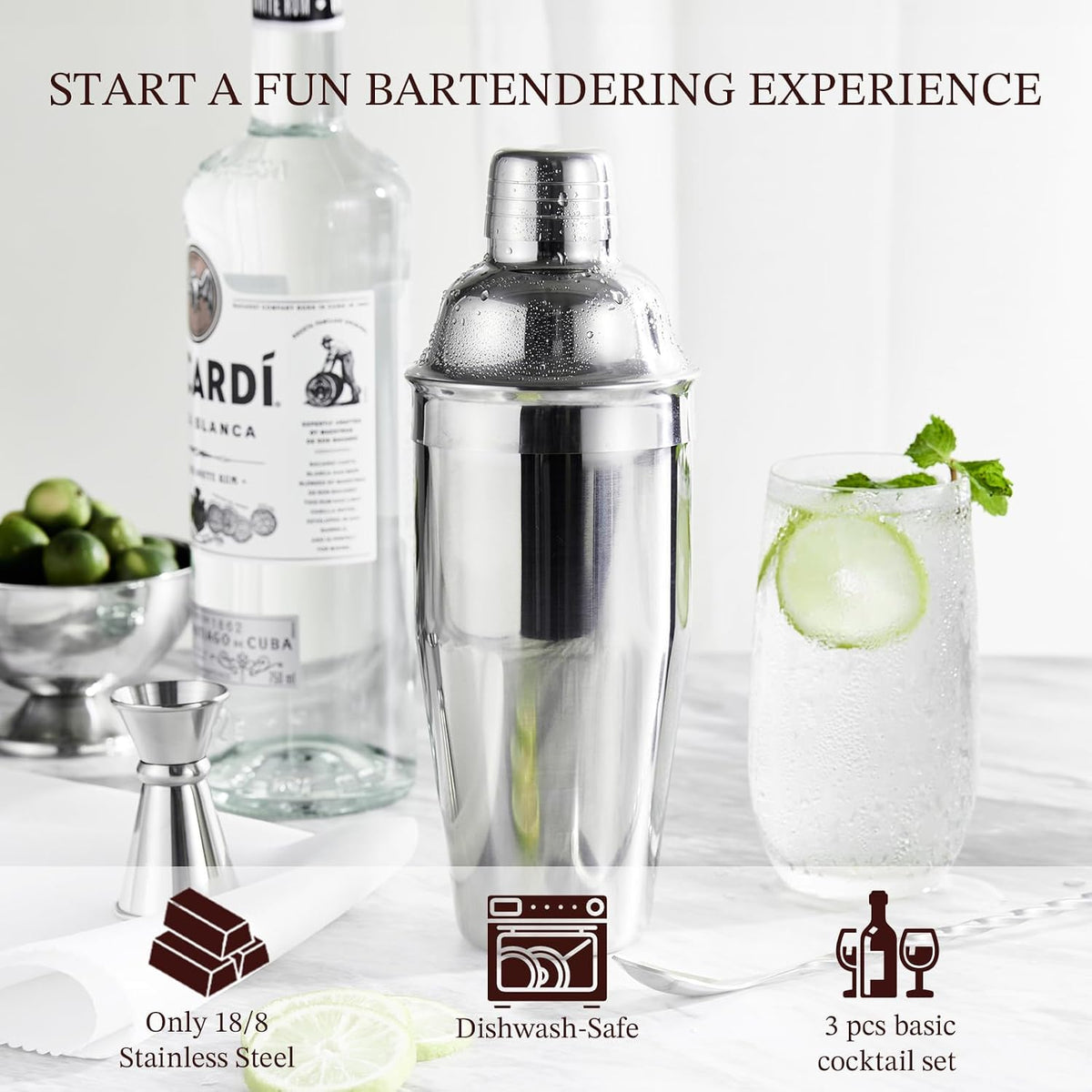 Cocktail Shaker, KITESSENSU 24oz Drink Shaker with Bartender Strainer, Measuring Jigger, Bar Mixing Spoon, Cocktail
