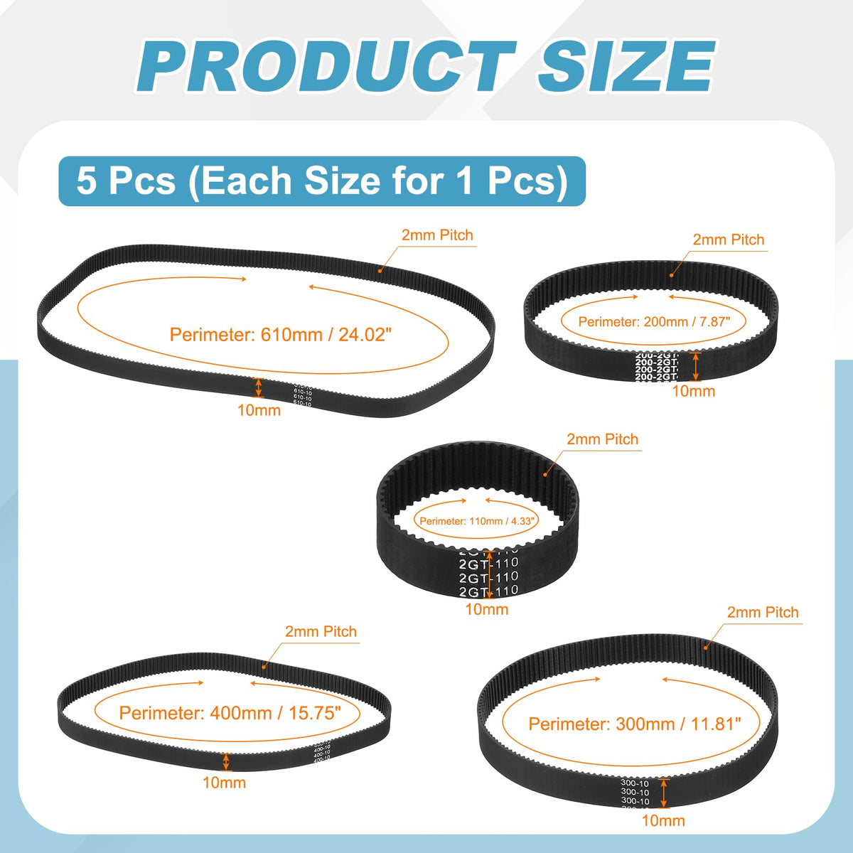 MECCANIXITY GT-2 Timing Belt 10mm Width 2mm Pitch Black 5pcs