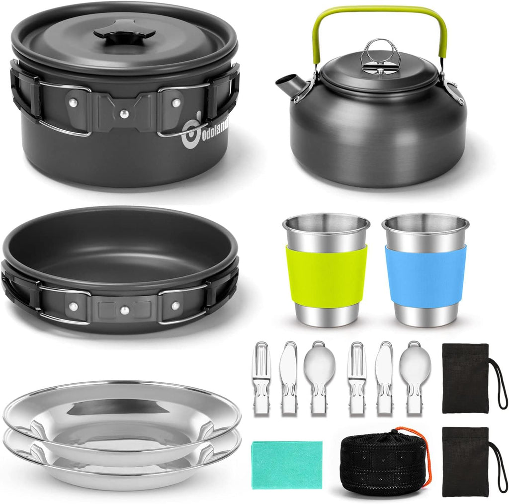 15pcs Camping Cookware Mess Kit, 1.9L Pot, for Camping, Backpacking | Anodized aluminum, for hiking, outdoor cooking