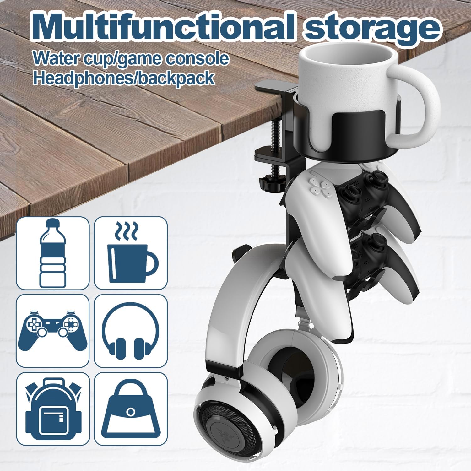 4 in 1 Desk Cup Holder with Headphone Hanger and Controller Stand Gaming Accessories, Universal Adjustable & Rotating