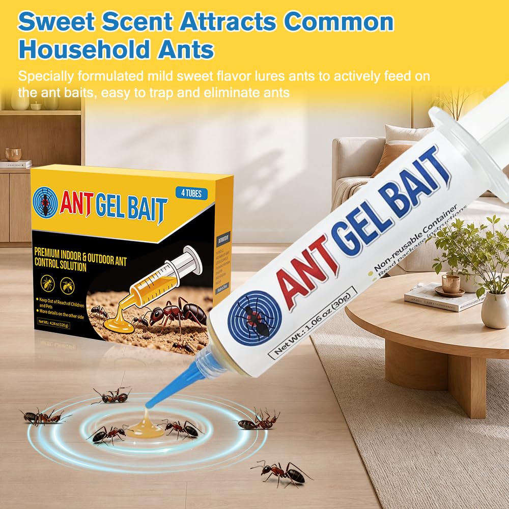 4 x 30 Grams Ant Gel Bait Syringe, 1 Plunger & 4 Tips, Extra Strong Ant Bait Gel for Home Kitchen Bathroom Garage