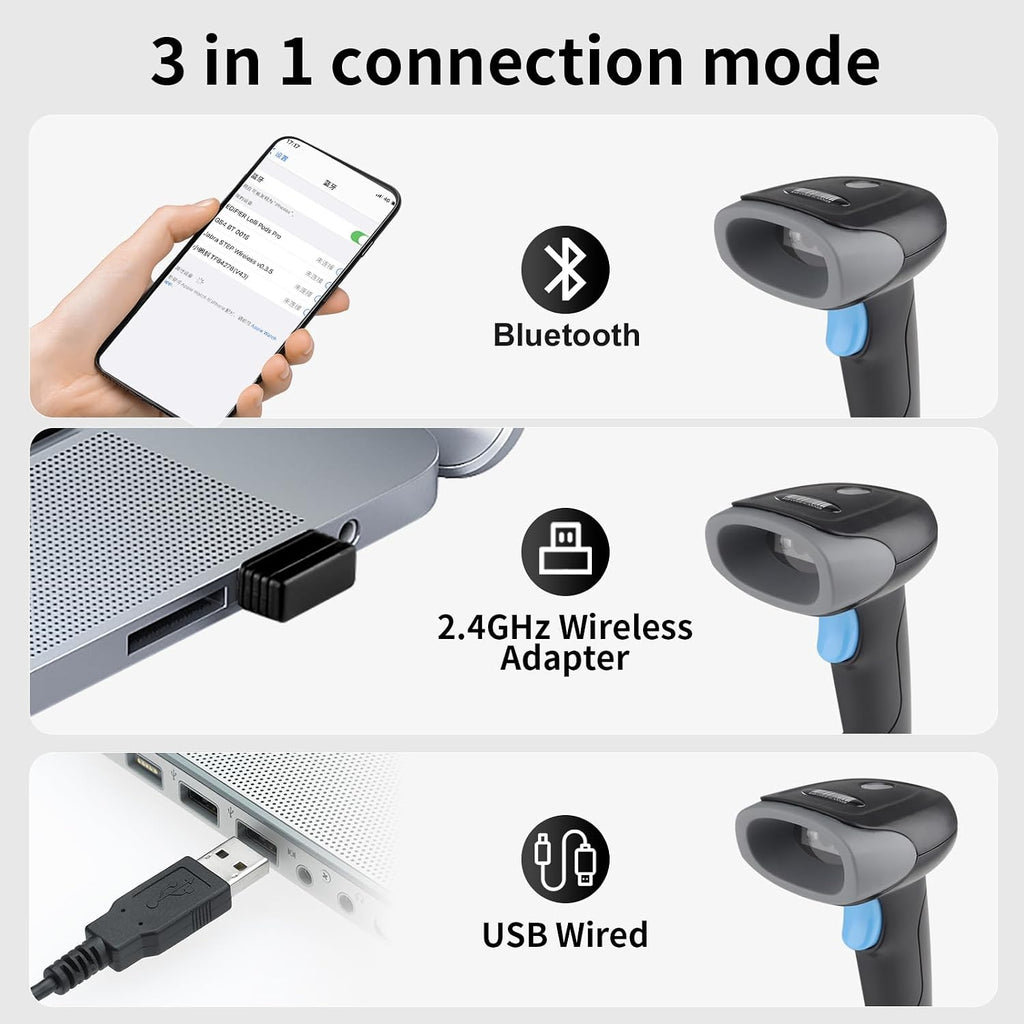 Wireless Barcode Scanner 1D QR Scanner Wireless Handheld Laser Bar Code Reader 3-in-1 with Bluetooth & 2.4G Wireless
