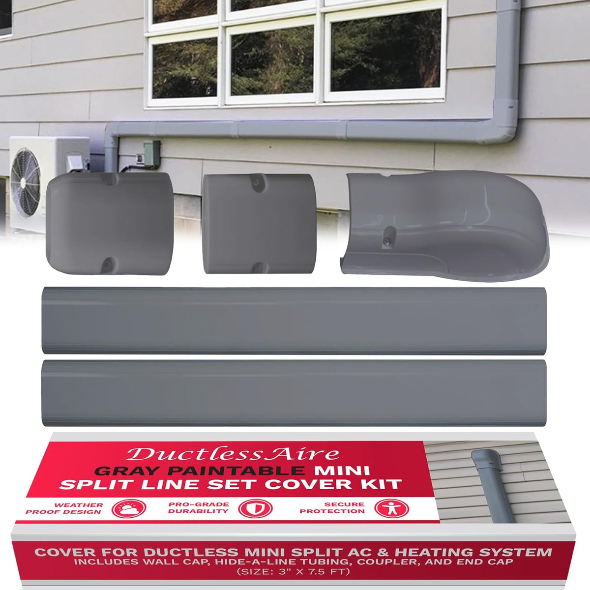 Ductless HVAC Mini Split Line Set Cover - Paintable Kit (Gray, 3" x 7.5 ft) | Protects mini split AC line sets from