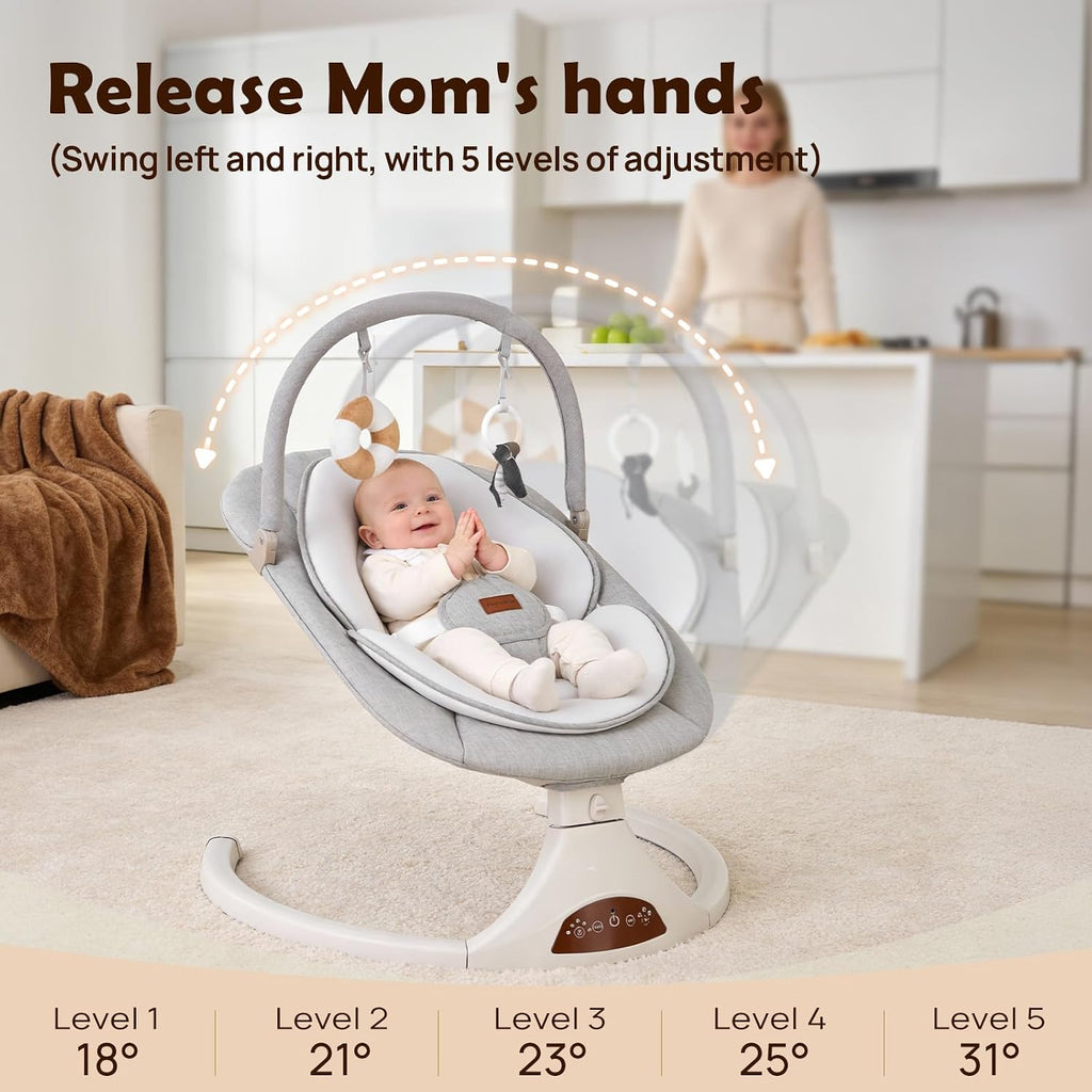 Baby Swings for Infants to Toddler Remote 5 Speeds Timer Safety Lock Gray | 5 point harness, remote/touch panel
