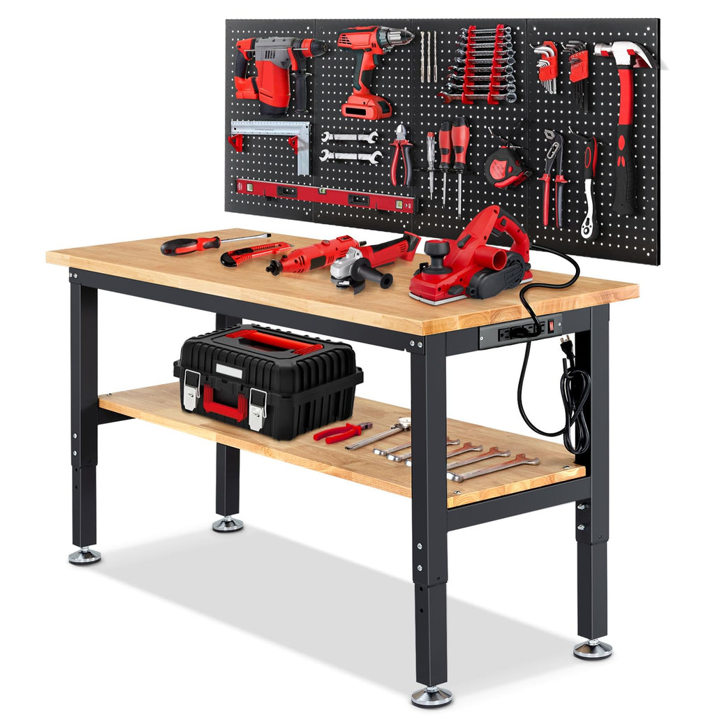 60" Heavy Duty Workbench, Adjustable Height Garage Work Bench with Solid Rubberwood Top, Storage Shelf & Power