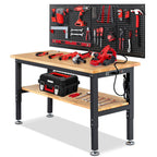60" Heavy Duty Workbench, Adjustable Height Garage Work Bench with Solid Rubberwood Top, Storage Shelf & Power