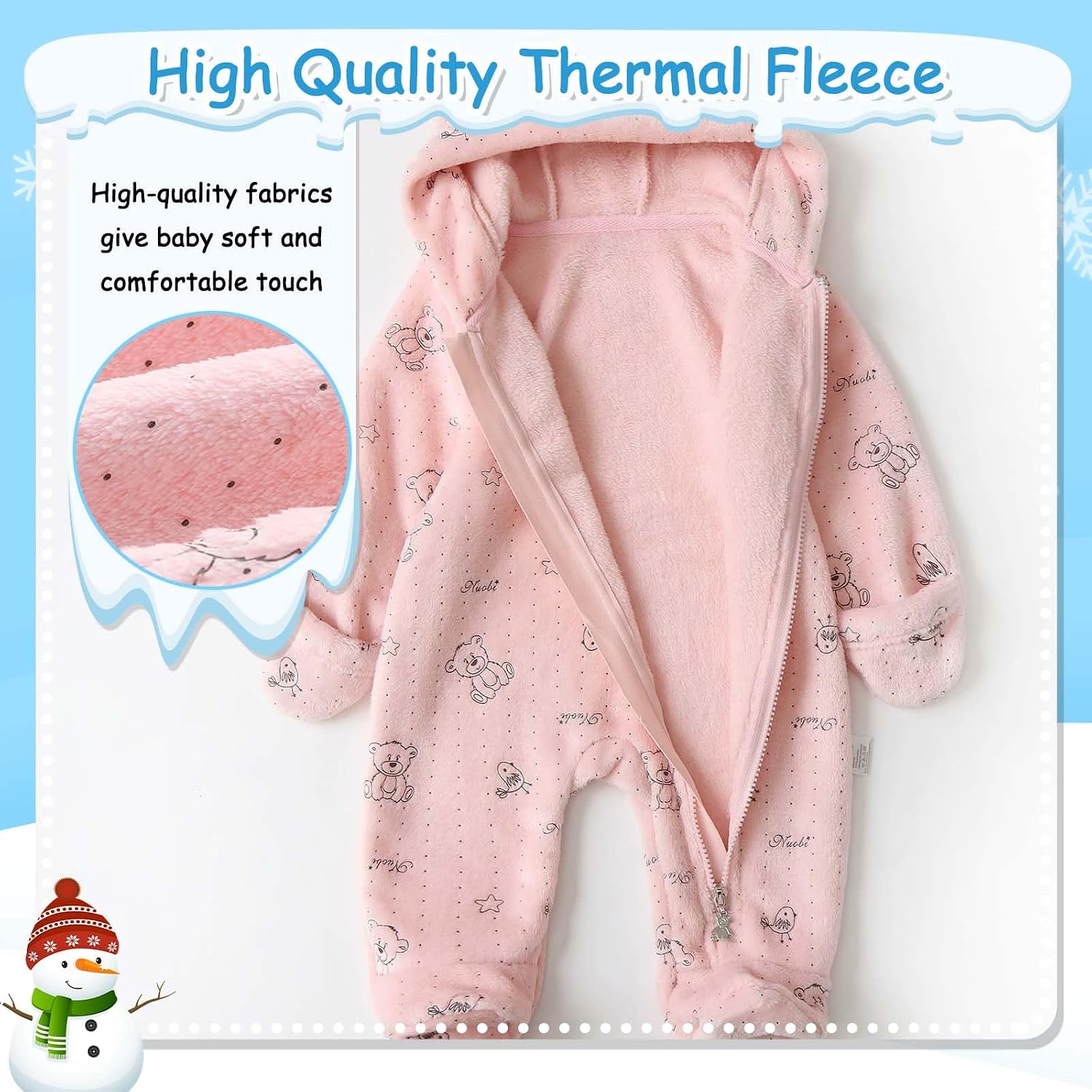 Newborn Baby Bear Suit Thin Fleece Footie Romper Snowsuit Hooded Jumpsuit Bodysuit Winter Clothes Boy Girl 0-12M