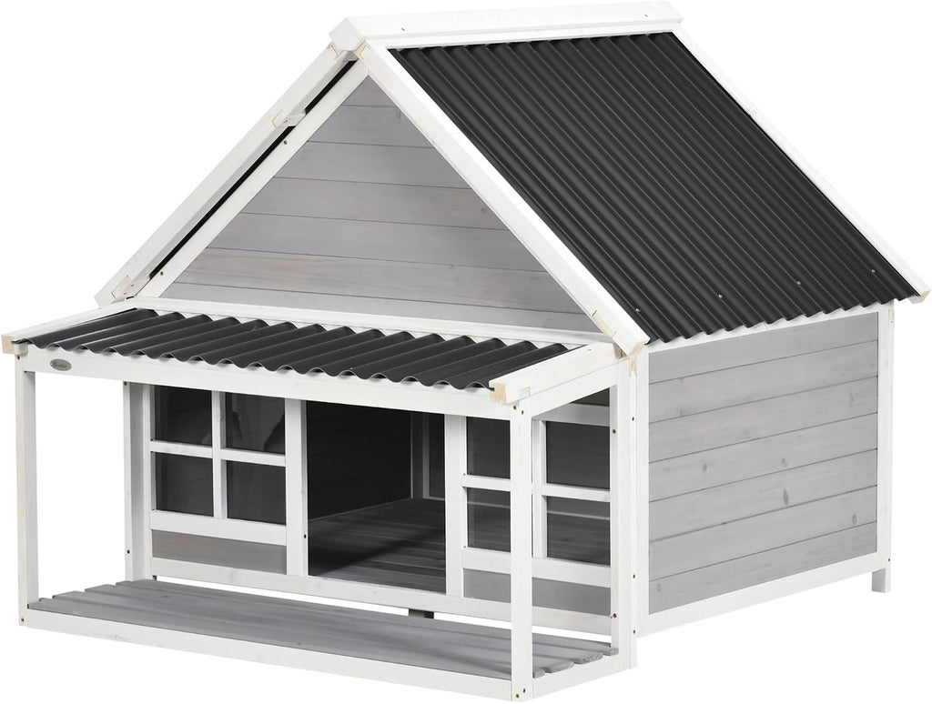Wooden Dog House with Porch for Large Dogs, Tilt Roof, Front Door