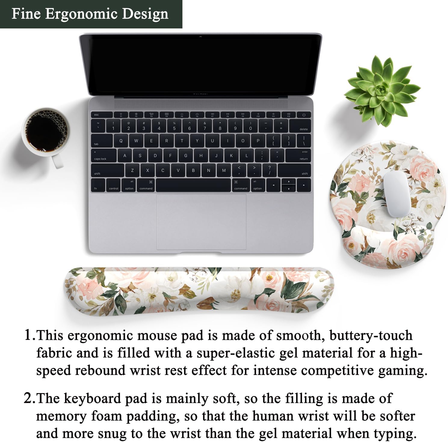 Pink Flower Desktop Mat Aesthetic Wrist Support Keyboard Mouse Wrist Rest Set, Computer Office Comfortable Wrist Rest