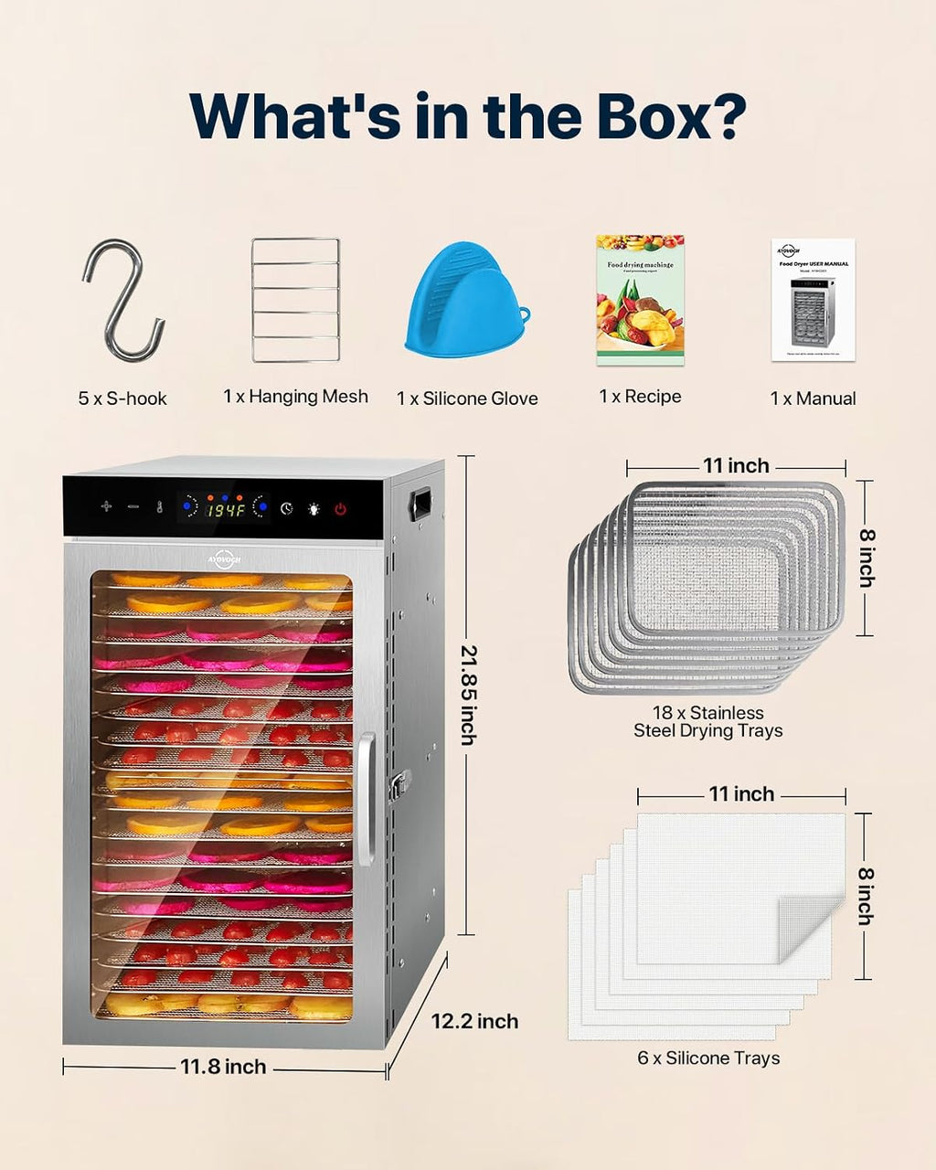 Food Dehydrator Machine 18Tray, 800W Dual Fan Fast Drying, 24H Timer, 86-194℉ Control, Noise Below 45dB, LED Panel