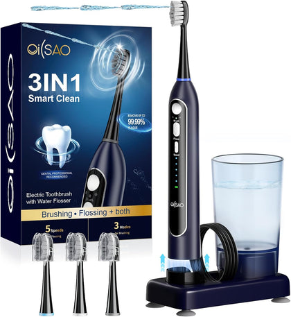 Electric Toothbrush with Water Flosser, Upgraded 2.0 Flossing Toothbrush with 5 Speeds & 3 Modes, 30 Days/Charge, for