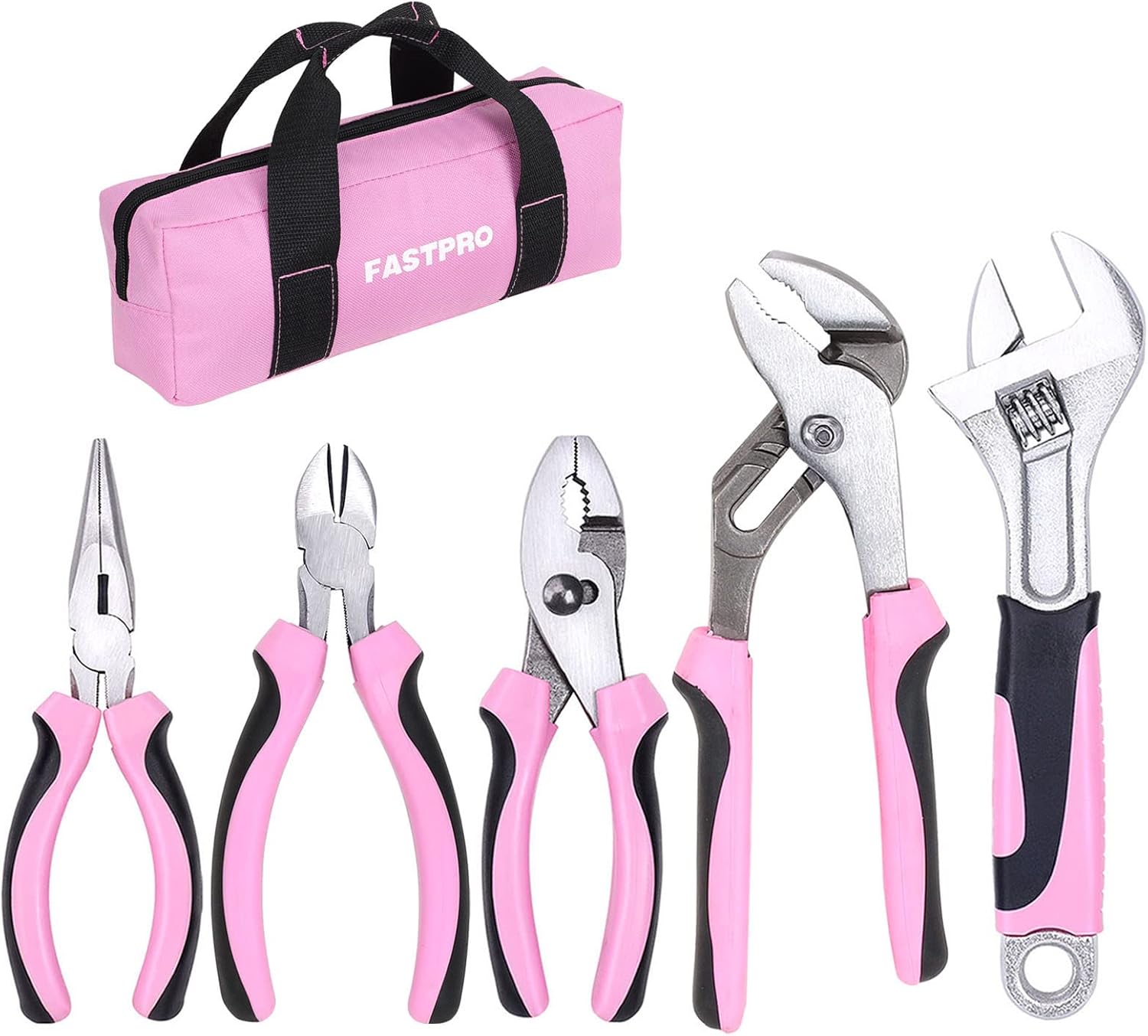 5-Piece Pink Utility Pliers Set with Storage Bag, Includes Groove Joint, Diagonal, Long Nose, Slip Joint Pliers and