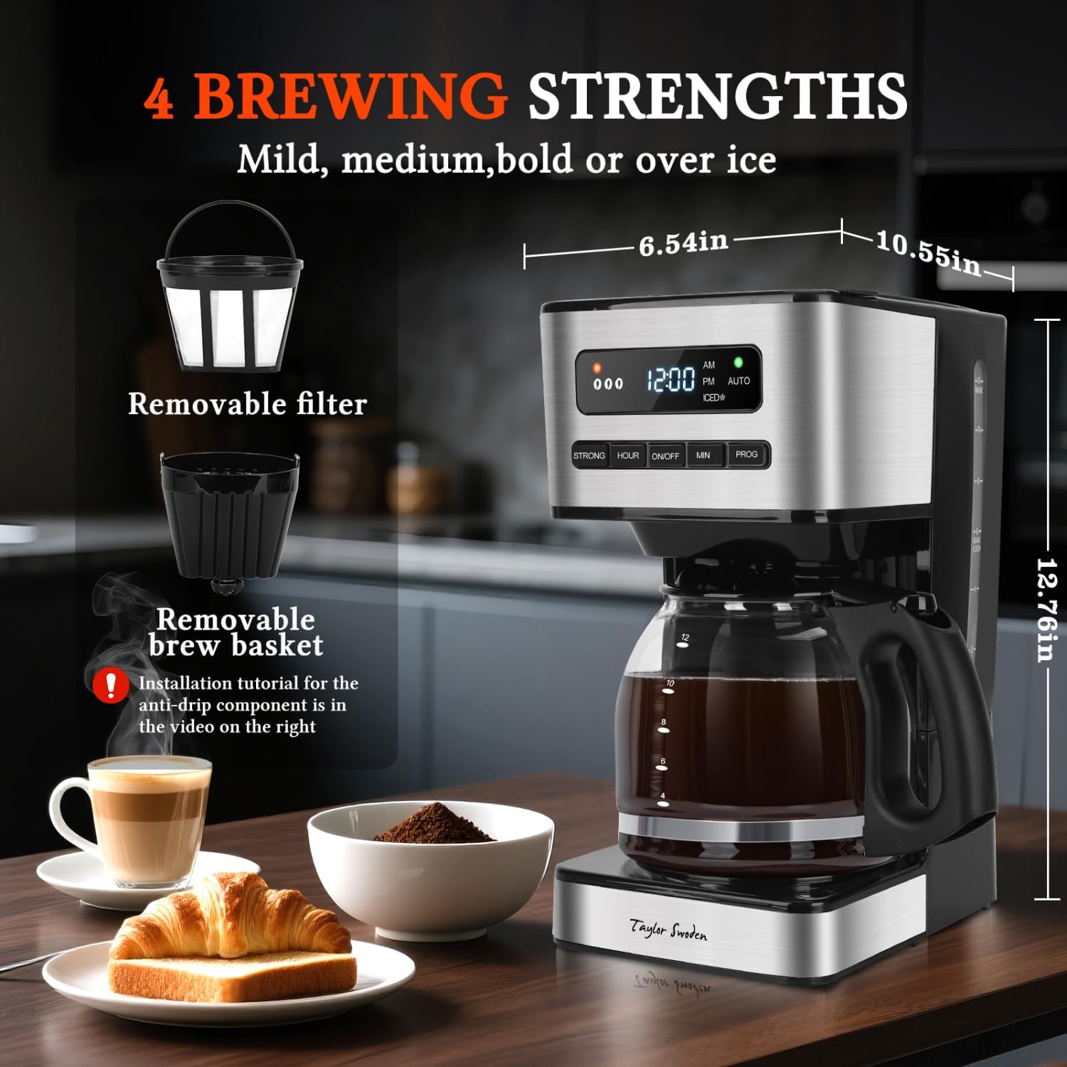Programmable Coffee Makers 12 Cup, Black &Stainless Steel | Hot and Iced Coffee Maker, 4 Brew Strength, LED Display