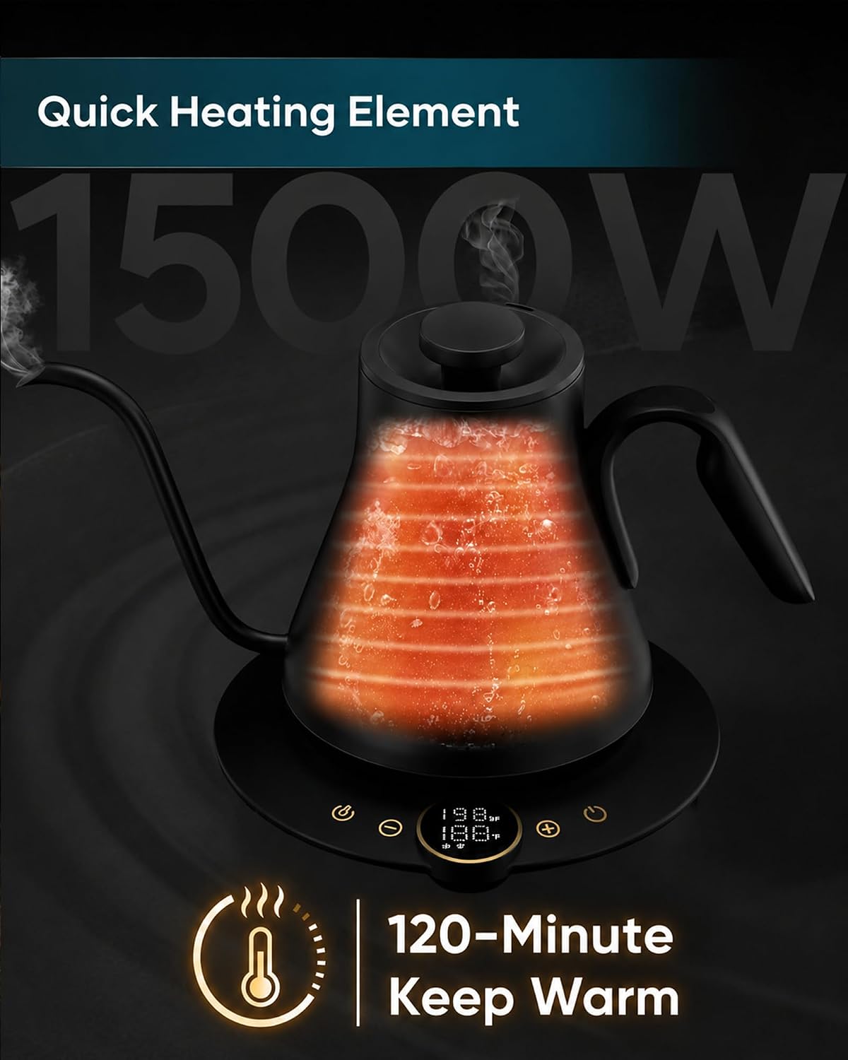 Gooseneck Electric Kettle with ±1℉ Temperature Control 0.9 Liter | 1500W Quick Heating, Stainless Steel Inner, Pour