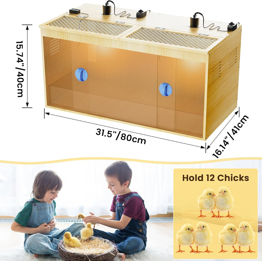 Brooder Box for Chicks, 32 Inch Wooden Large Chicken Brooder Box with 75W Heating Lamps, Thermometer, Chicken Feeder