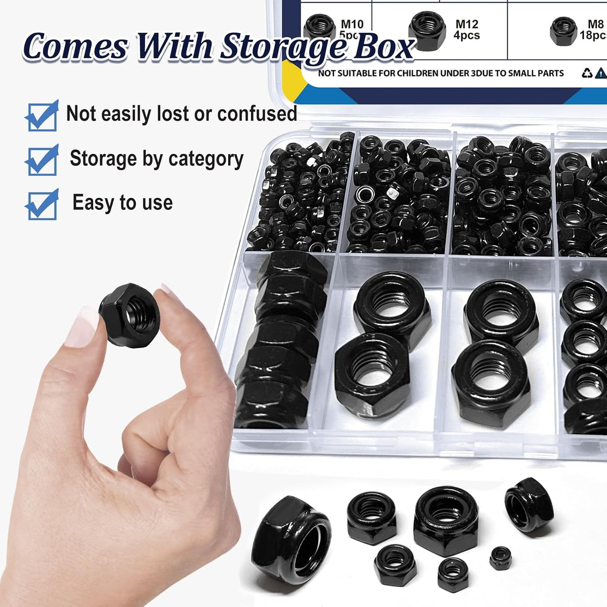 180Pcs Metric Stainless Nylon Lock Nuts Assortment Kit;Black M3-M12 Locknut