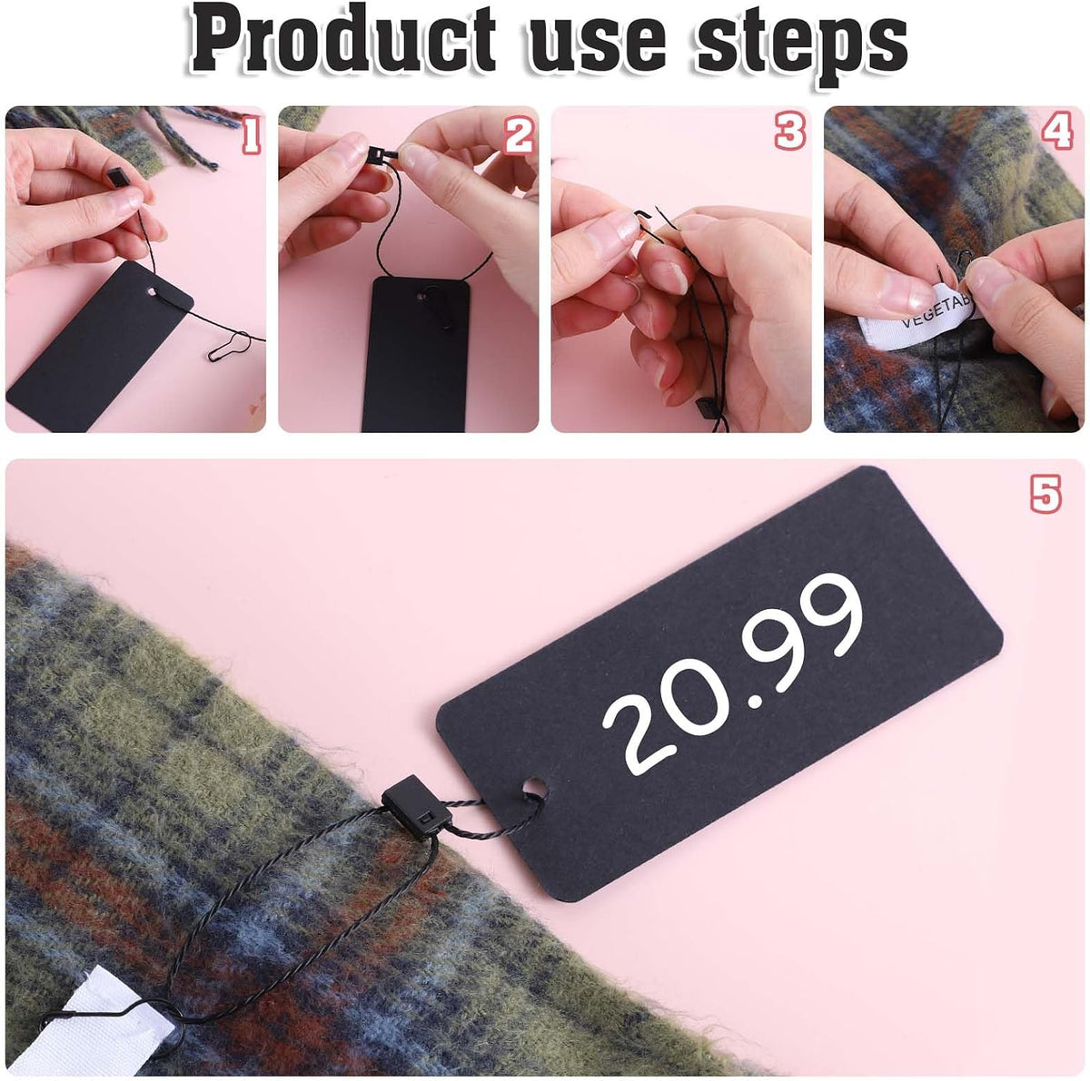 300 Set Black Price Tags with String Clothing Tags with Safety Pins
