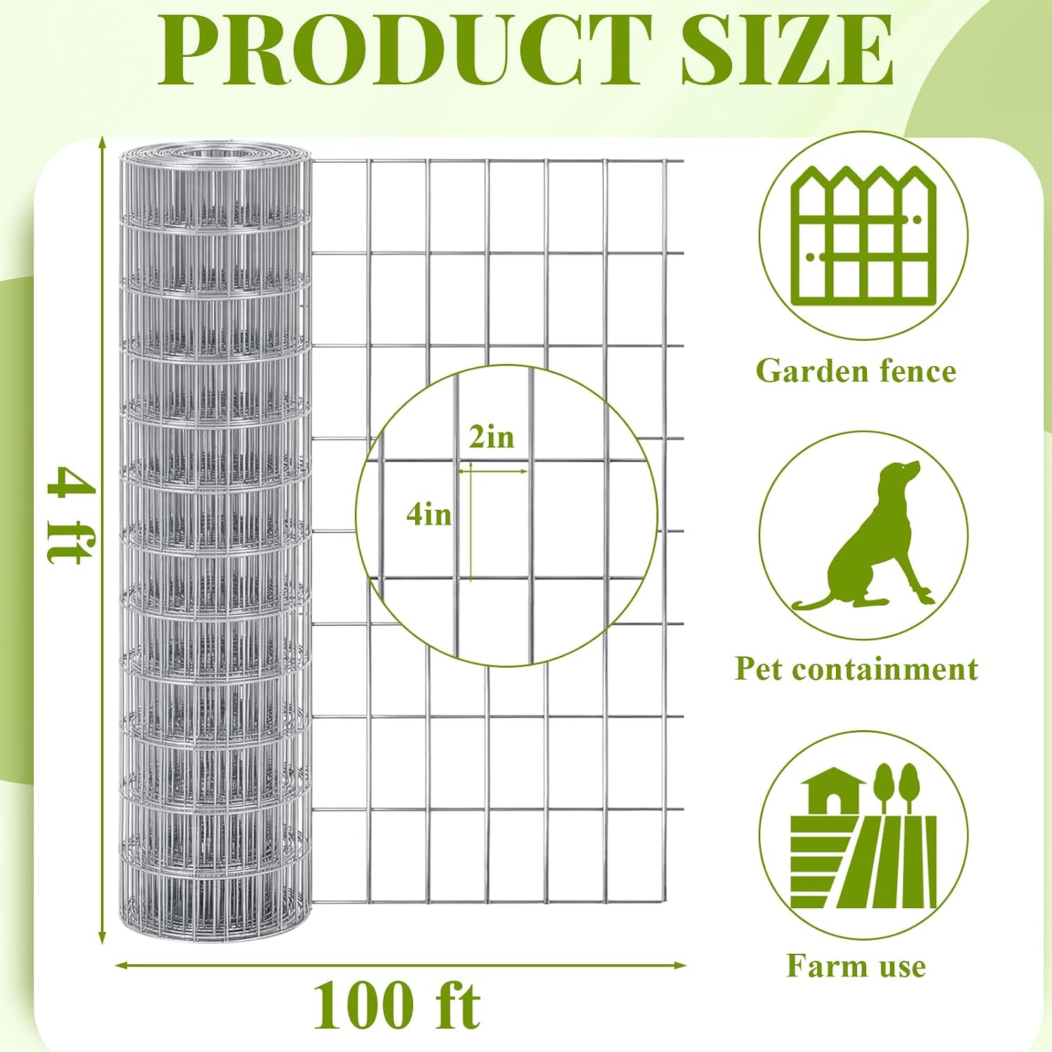 48in X 100 ft Welded Wire Fence, 2 Inch x 4 Inch 16 Ga, Silver