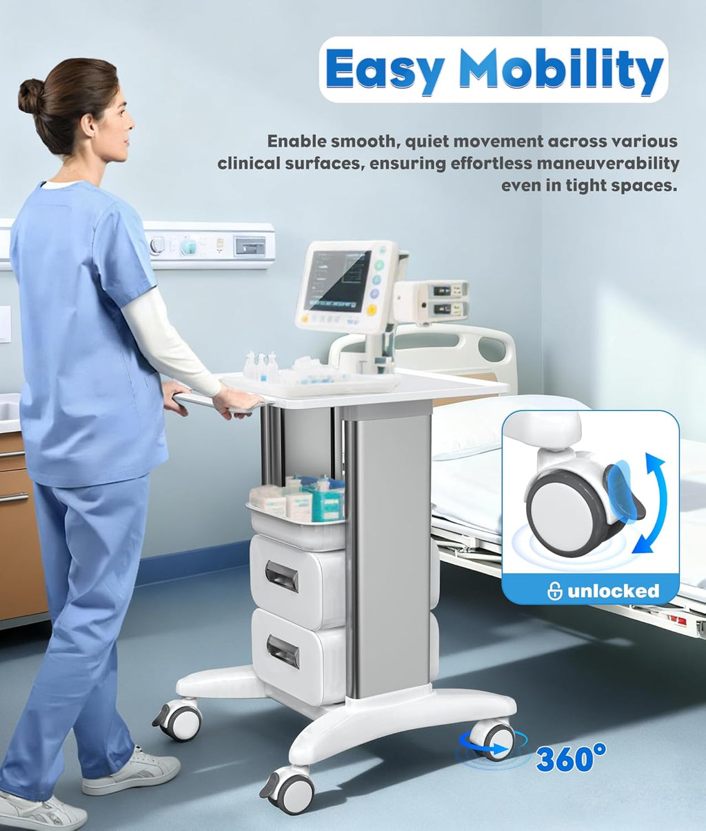 Medical Trolley Cart with Drawers, Hospital Mobile Ultrasound Cart with Trays & 4 Silent Swivel Wheels, 220 LBS Load
