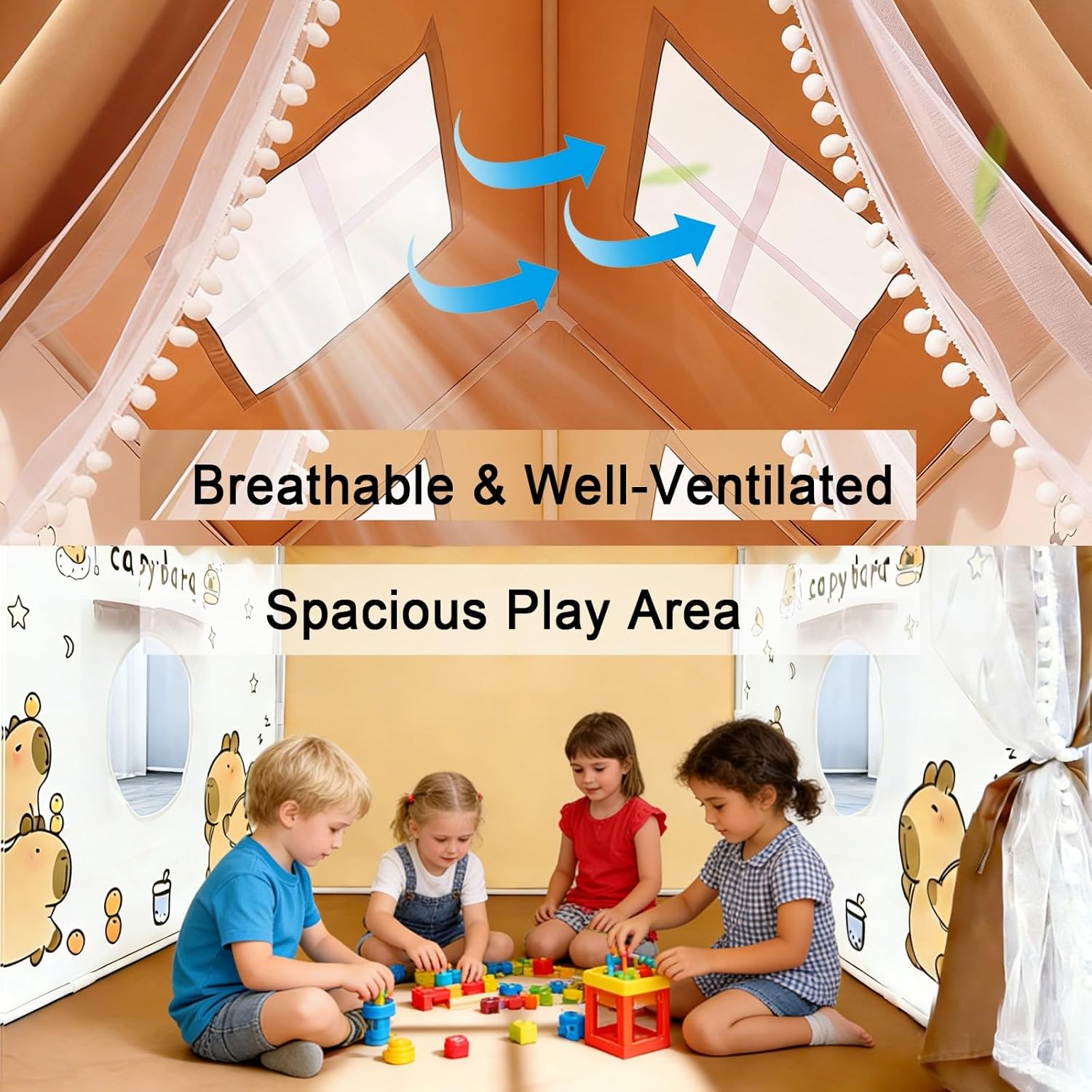 Kids Tent with Lights, Capybara Kids Play Tents for Toddlers Large Playhouse, Toy House Gift for Boys & Girls, Indoor