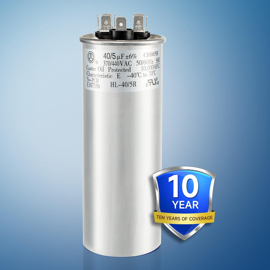 40+5 uF 40/5 MFD ±6% 370V/440VAC CBB65 Dual Run Circular Start Capacitor for Heat Pump Air Conditioner，Ten Years of Coverage