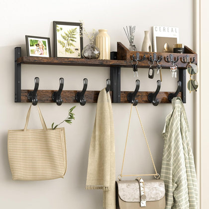 29" Coat Rack Wall Mount with Shelf, 4 in 1 Coat and Key Hanger with 11 Metal Hooks, Entryway Wall Mounted Shelf with