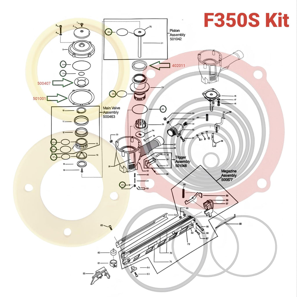 O-Ring Rebuild Kit for Paslode F350S F250S F325C F250S-PP Pneumatic Framing Nailer | Includes 402011 Cylinder Seal Sleeve, 501001 Cap Gasket, 500407 Main Valve Spring & Full O-Ring Set