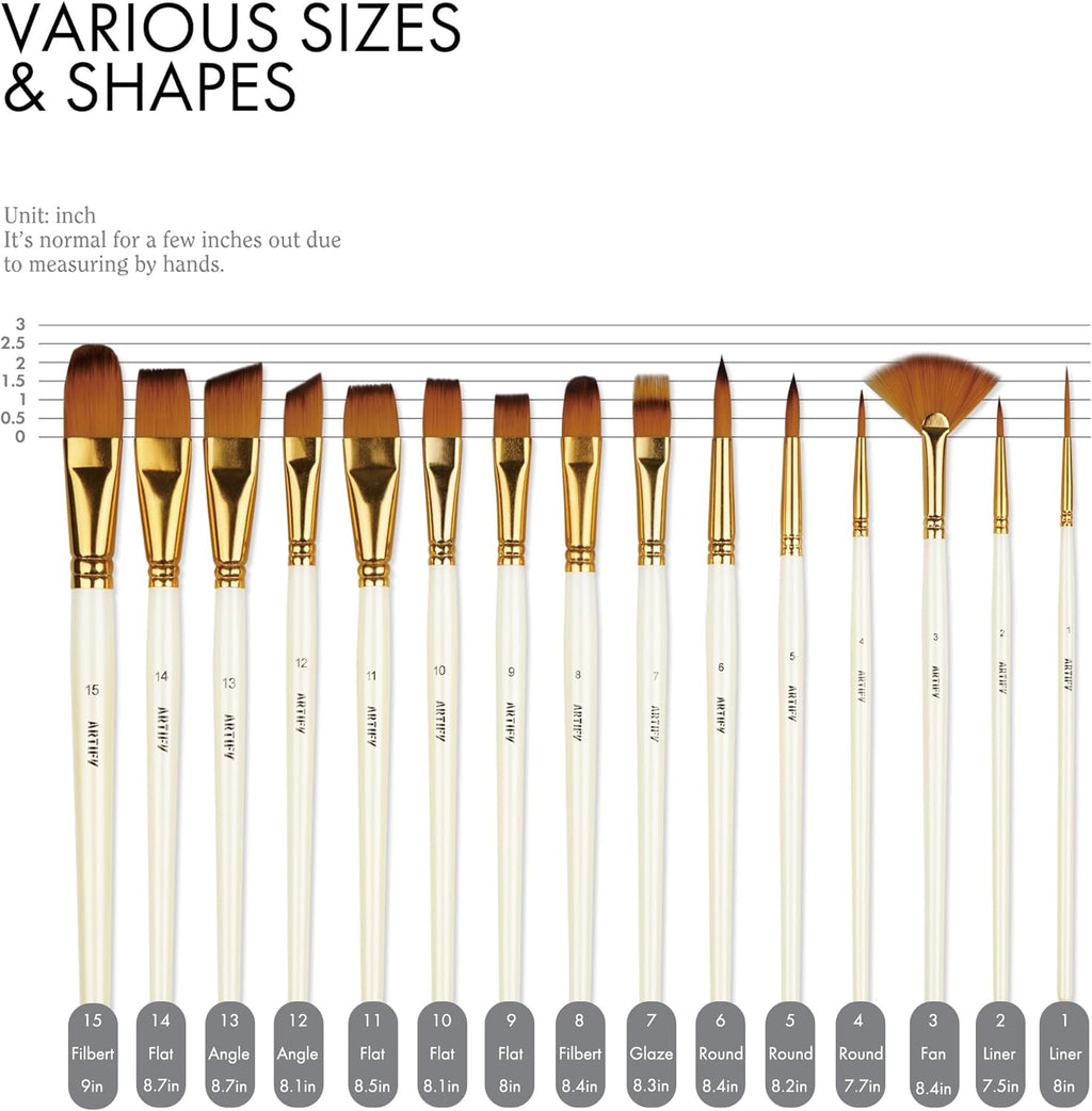 18 Piece Paint Brush Set, ARTIFY 15 Acrylic Paint Brushes, Palette Knife, and 2 Sponges, Professional Artist Paint