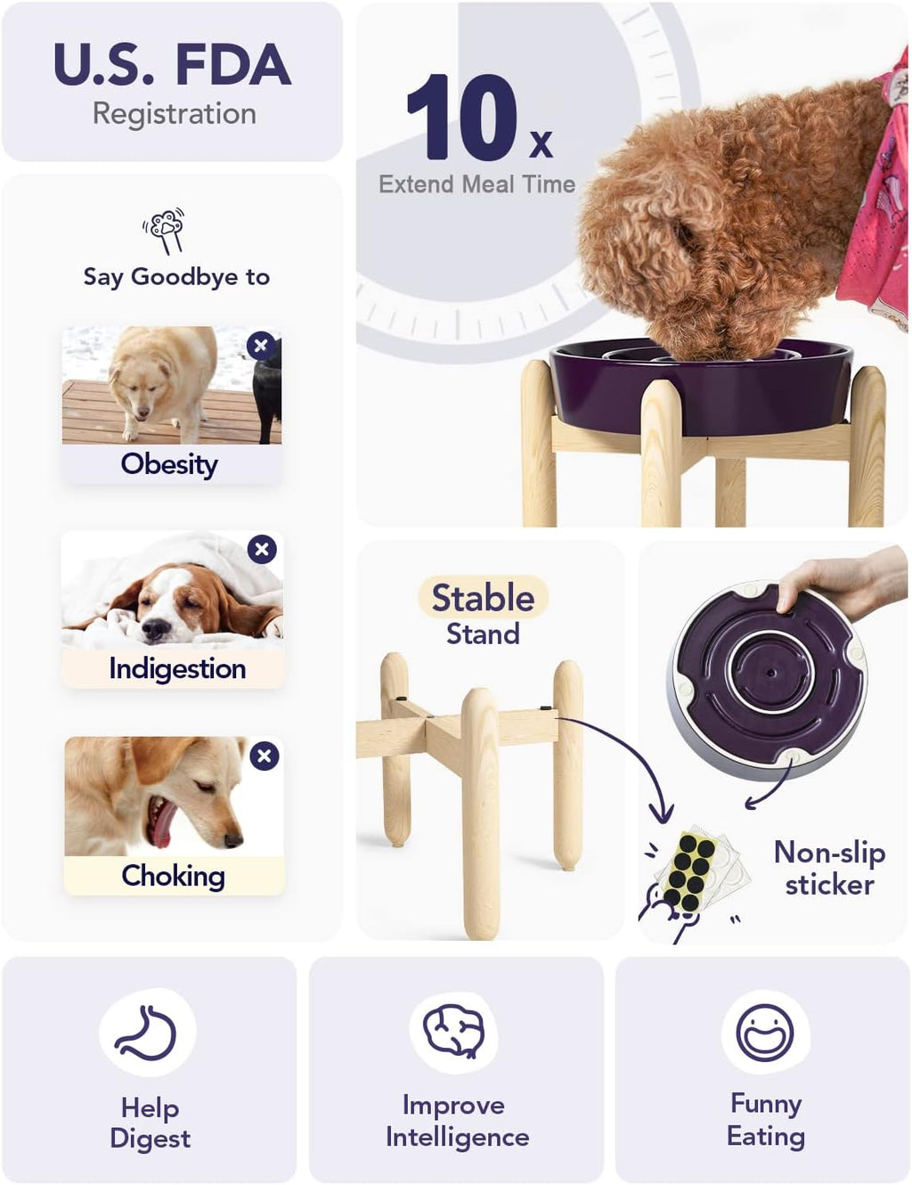 Ceramic Slow Feeder Dog Bowls Elevated, 3 Cup Raised Bowl with Wooden Stand for Medium Large Breed, Slow Down Eating
