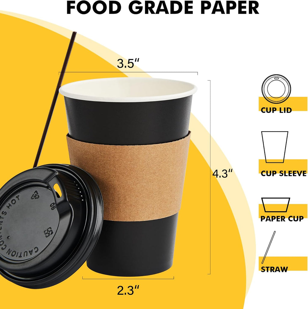 12 oz 50 Pack Black Disposable Coffee Cups with Lids & Sleeves