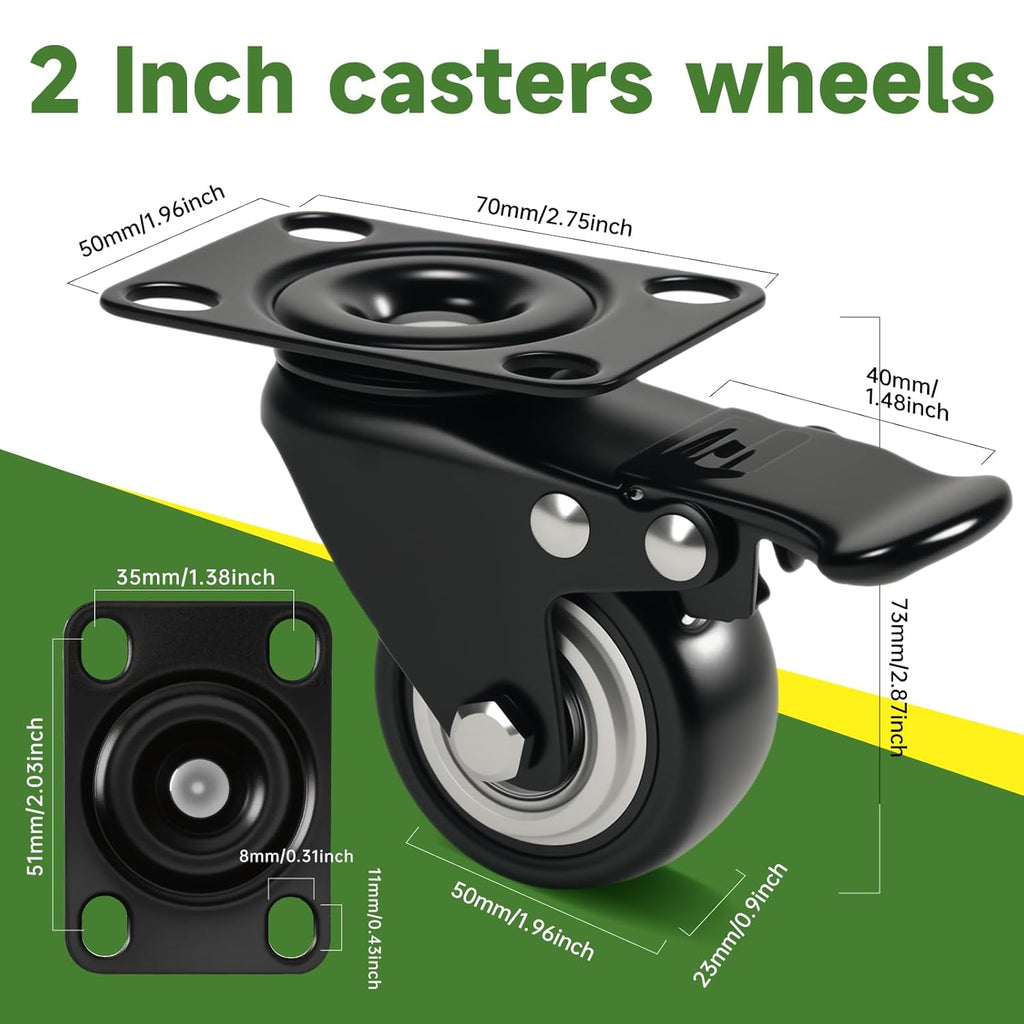 2" Caster Wheels Set of 8 - Heavy Duty Swivel Plate Casters with No Noise Locking, Wheels for Furniture, Cart, Workbench