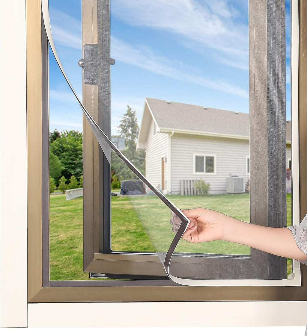 Magnetic Window Screen DIY Adjustable Window Mesh Screen Replacement Window Net Fits up to 57"x 35" White Frames with