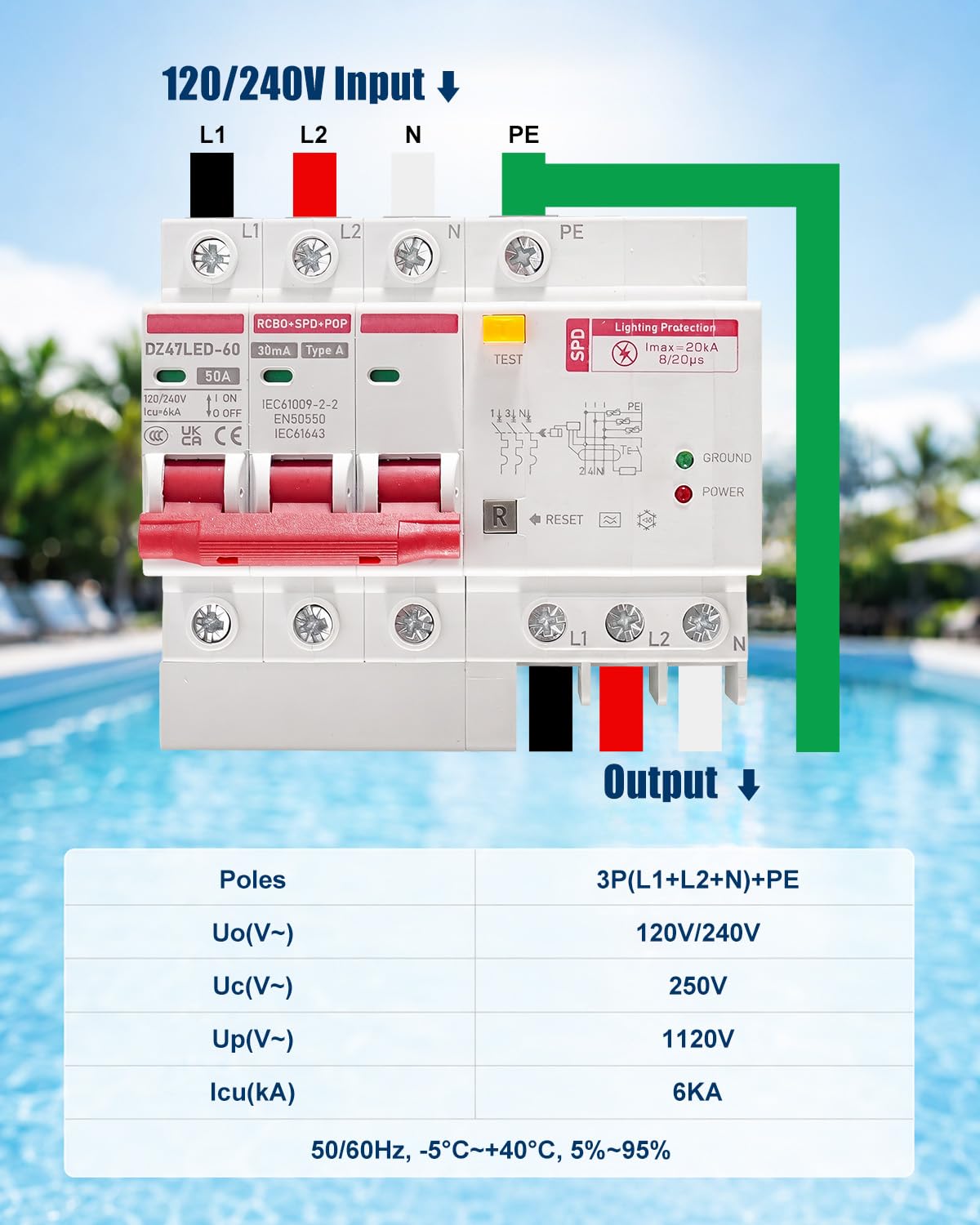 50A Spa GFCI Disconnect Panel, 240V IP66 Outdoor Breaker Box